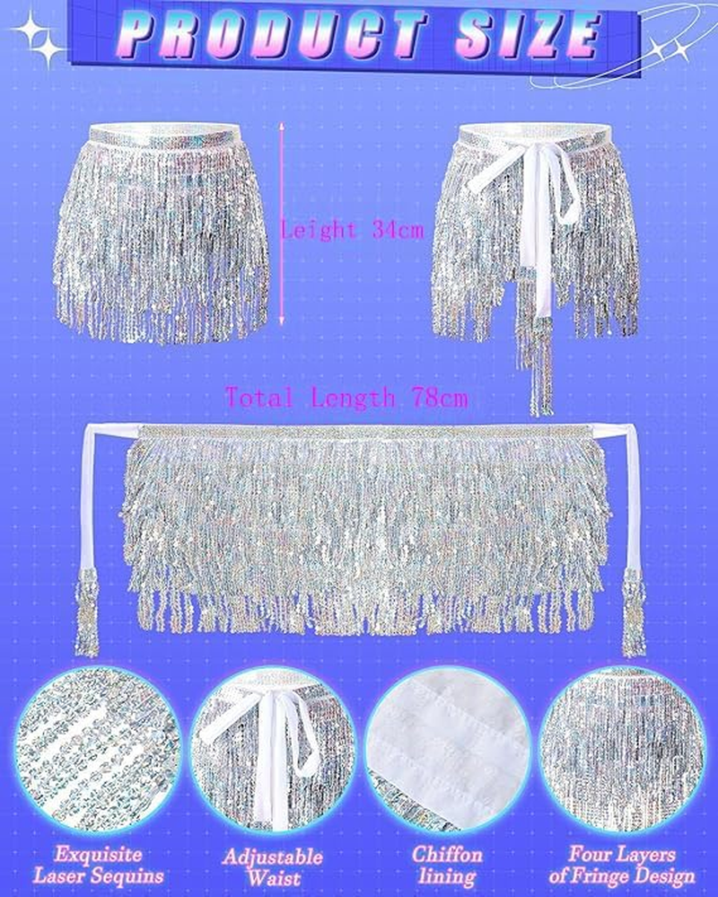 COHGUDA Women'S Sequins Tassel Skirt, Dance Performance Shorts Skirts for Celebrating Festival, Women'S Classic Sequin Tassel Skirts, Adjustable Fringe Skirt for Women, Belly Dance Skirts (Pink) image number 3