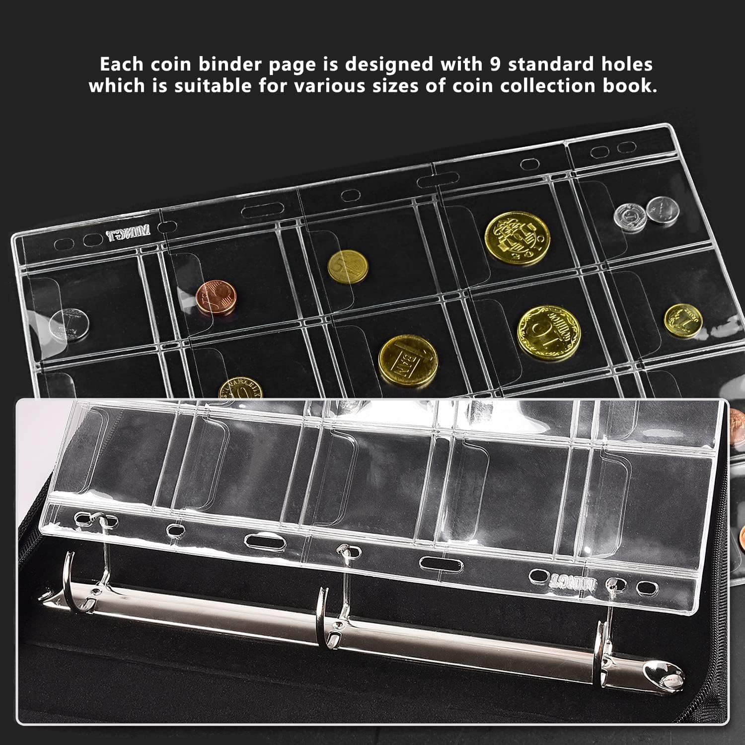 15 Sheets 4.3X4.3Cm Coin Collection Pages, Coins Pocket Page with 300 Pockets, Coin Binder Inserts Sleeves with Standard 9 Hole for Coin Album image number 4