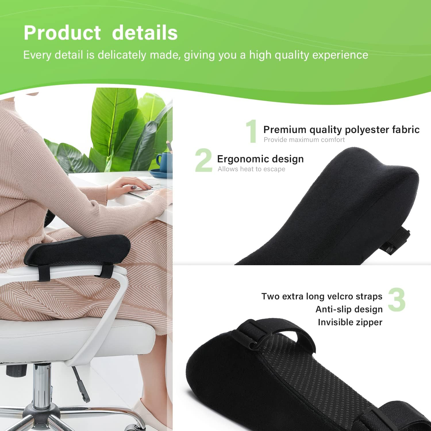 Chair Ergonomic Armrest Pads Elbow Pillow Pressure Relief Office Chair Gaming Chair Armrest with Memory Foam Armrest Pads 2-Piece Set of Chair (Memory Foam) image number 1