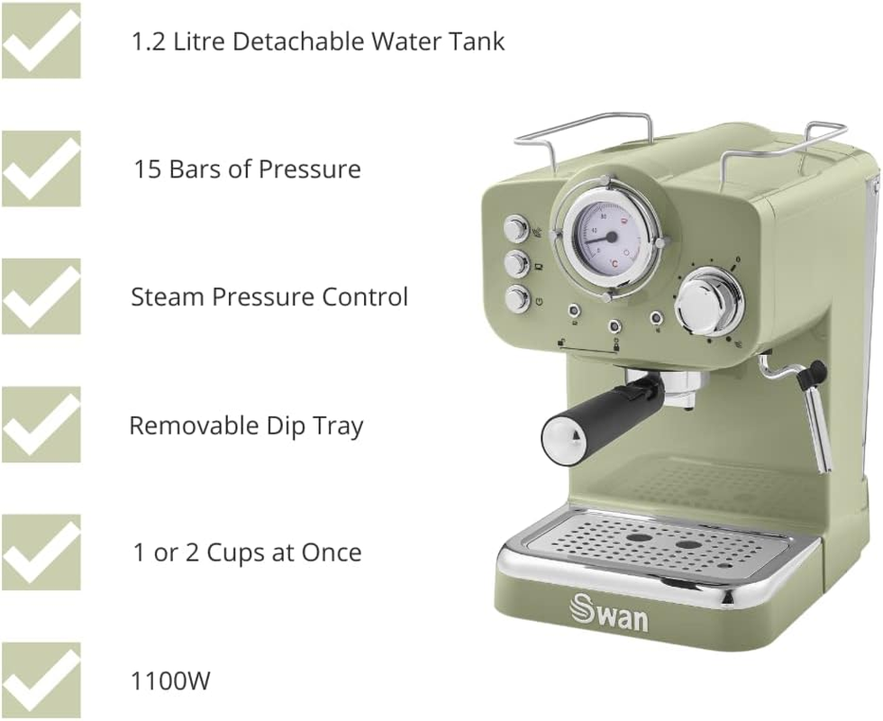 Swan SK22110GN Retro Espresso Coffee Machine with Milk Frother, Steam Pressure Control, 1.2L Detachable Water Tank, 1100W, Retro Green image number 4