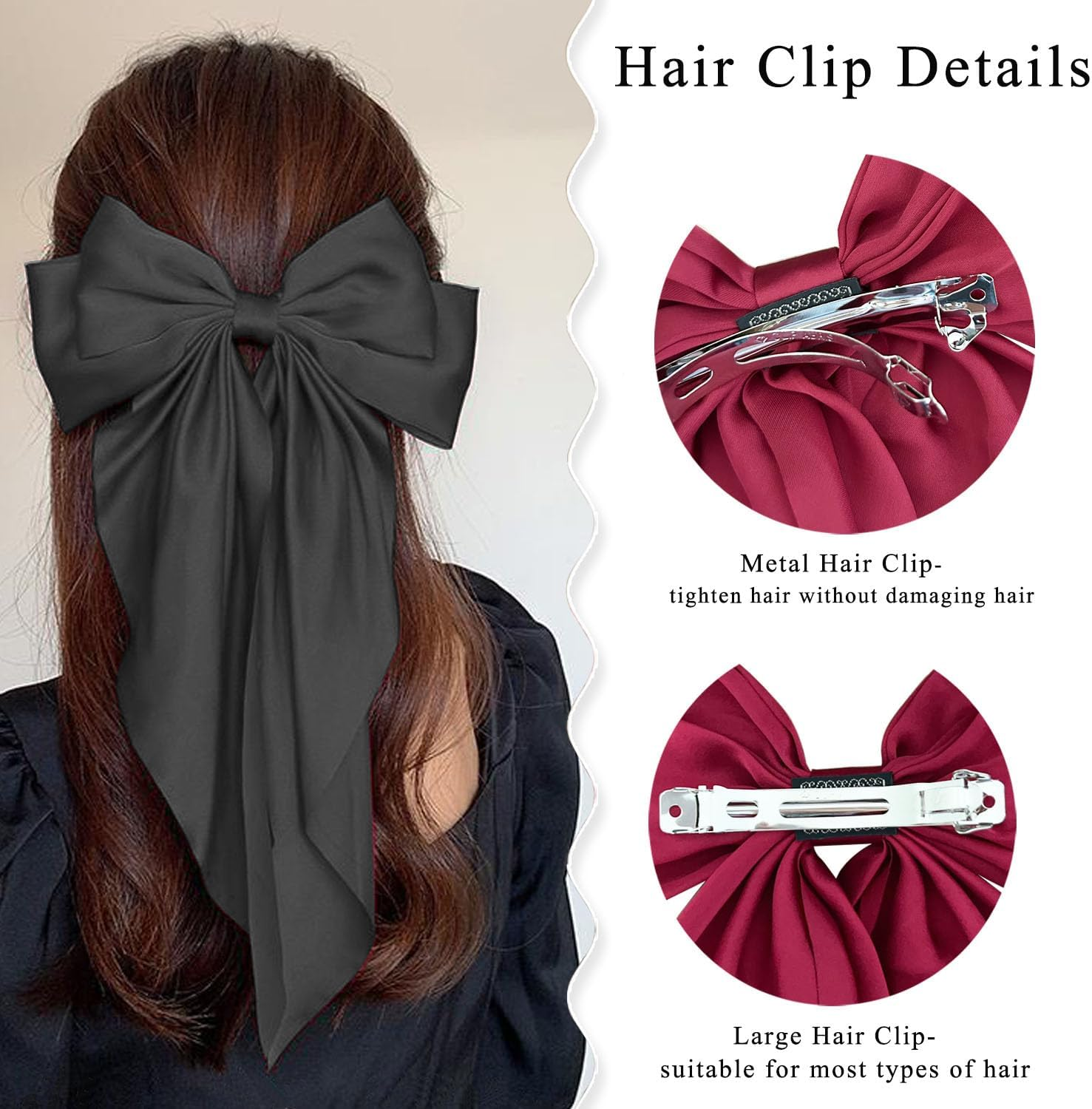 Large Hair Bows Clips for Women, Sapphire Blue Silky Satin Hair Bow Hair Clips Long Tail Vintage French Hair Ribbon Hair Barrettes for Girls (Black) - Black image number 5