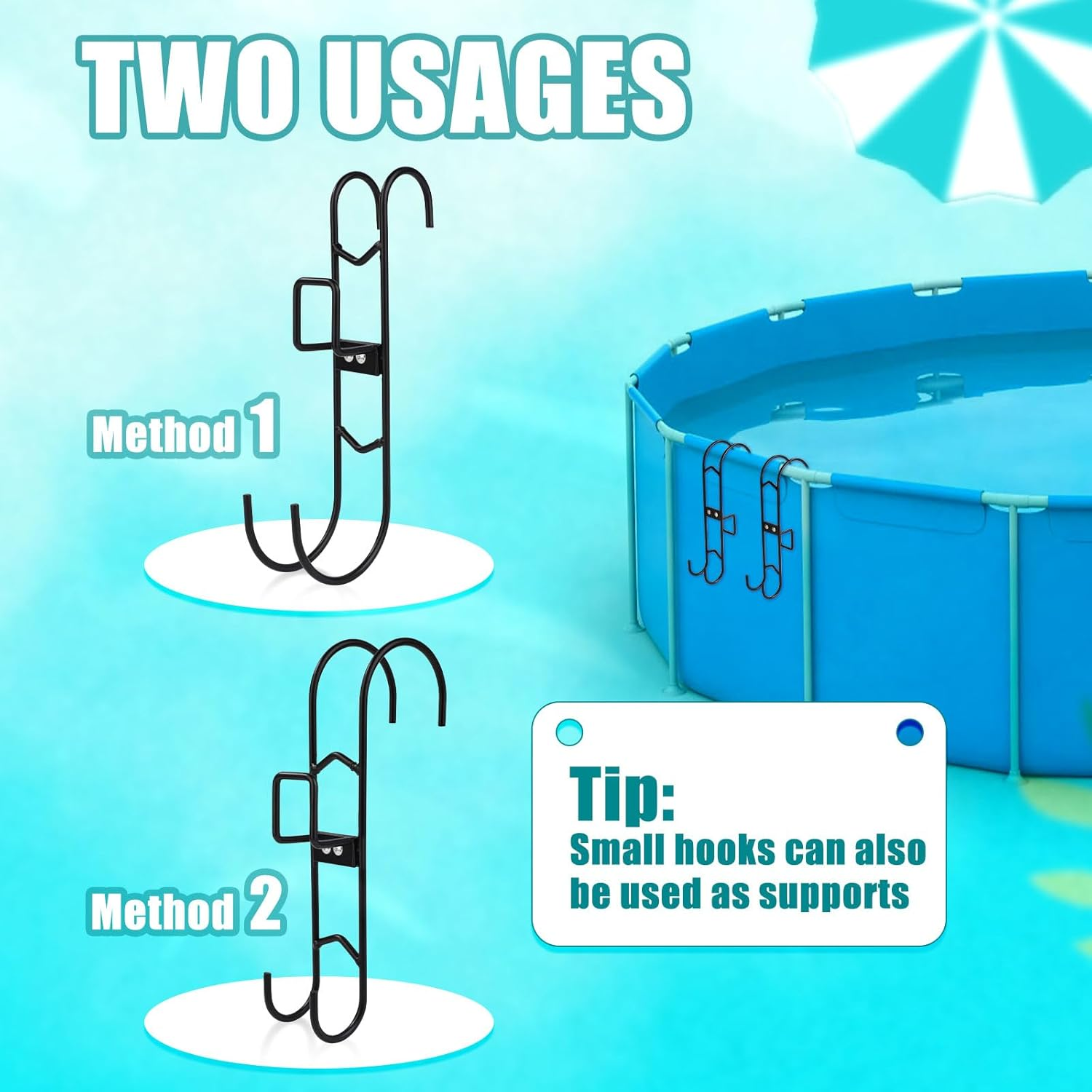 2 Sets Poolside Hanging Hooks, 2 Usages Pool Rack Hooks with Detachable Pool Fence Double Hook Design No Drilling Required Waterproof Pool Pole Hangers for Skimmers Brushes Nets Accessories image number 6