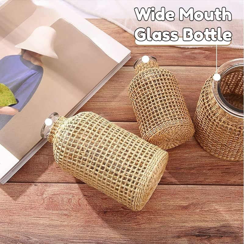 Decorative Glass Vase with Rattan Cover,Vintage Vase for Flower Wide Vase Floral Container for Dry Faux Flower Arrangements Home Decor (Wide-10.5Cm*11.5Cm*8.2Cm) image number 3