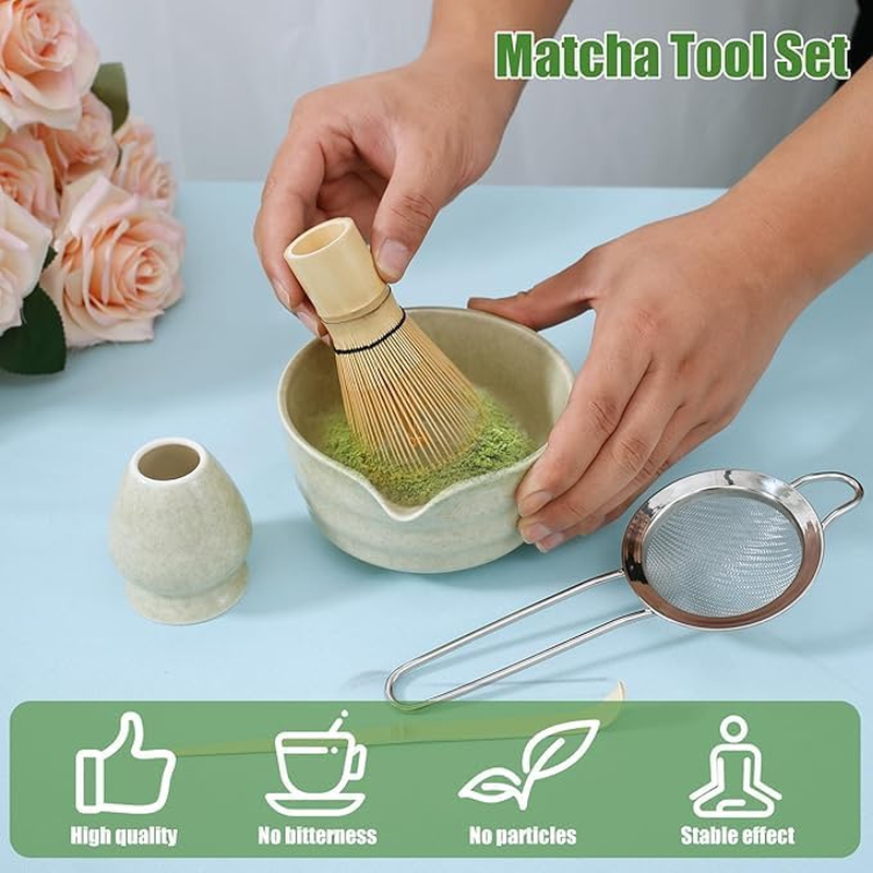 Roczential 5 Pack Matcha Whisk Set Matcha Whisk Holder Bamboo Matcha Whisk and Bowl with Spout Matcha Sifter Spoon Matcha Tea Set Kit for Matcha Tea (Matcha Color) image number 5