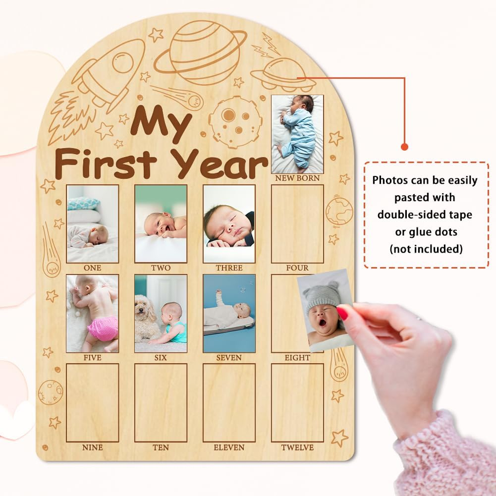 ORIGACH My First Year Baby Growth Photo Display Wood Board - 12 Months Newborn Milestones Photo Board - Neutral Baby Keepsake Board 1St Birthday Party Nursery Decor New Mom Gift - Space image number 4