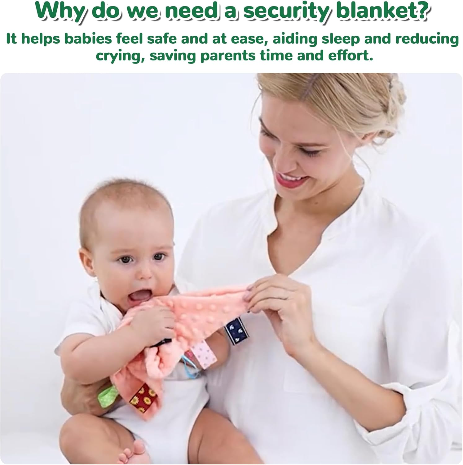 Baby Tags Security Blankets - Baby Soothing Plush Blanket with Colorful Tags, 10"X10" Square Sensory Toys, Lovey for 3 Months+ Babies Boys and Girls (Blue)