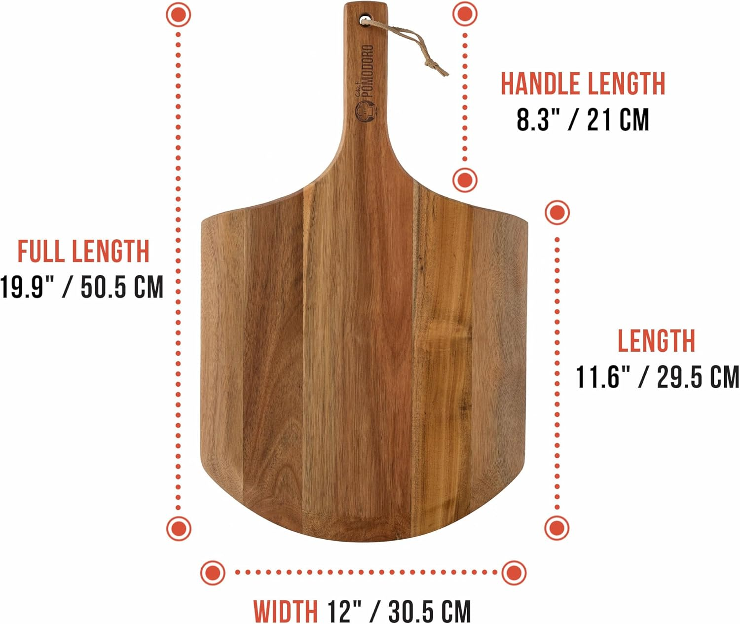 Chef Pomodoro - Pizza Peel - 30 Cm - Long Handle for Extra Burn Protection - Lightweight Pizza Shovel Made of Acacia Wood for Easy Use - Perfect as an Oven Accessory image number 2