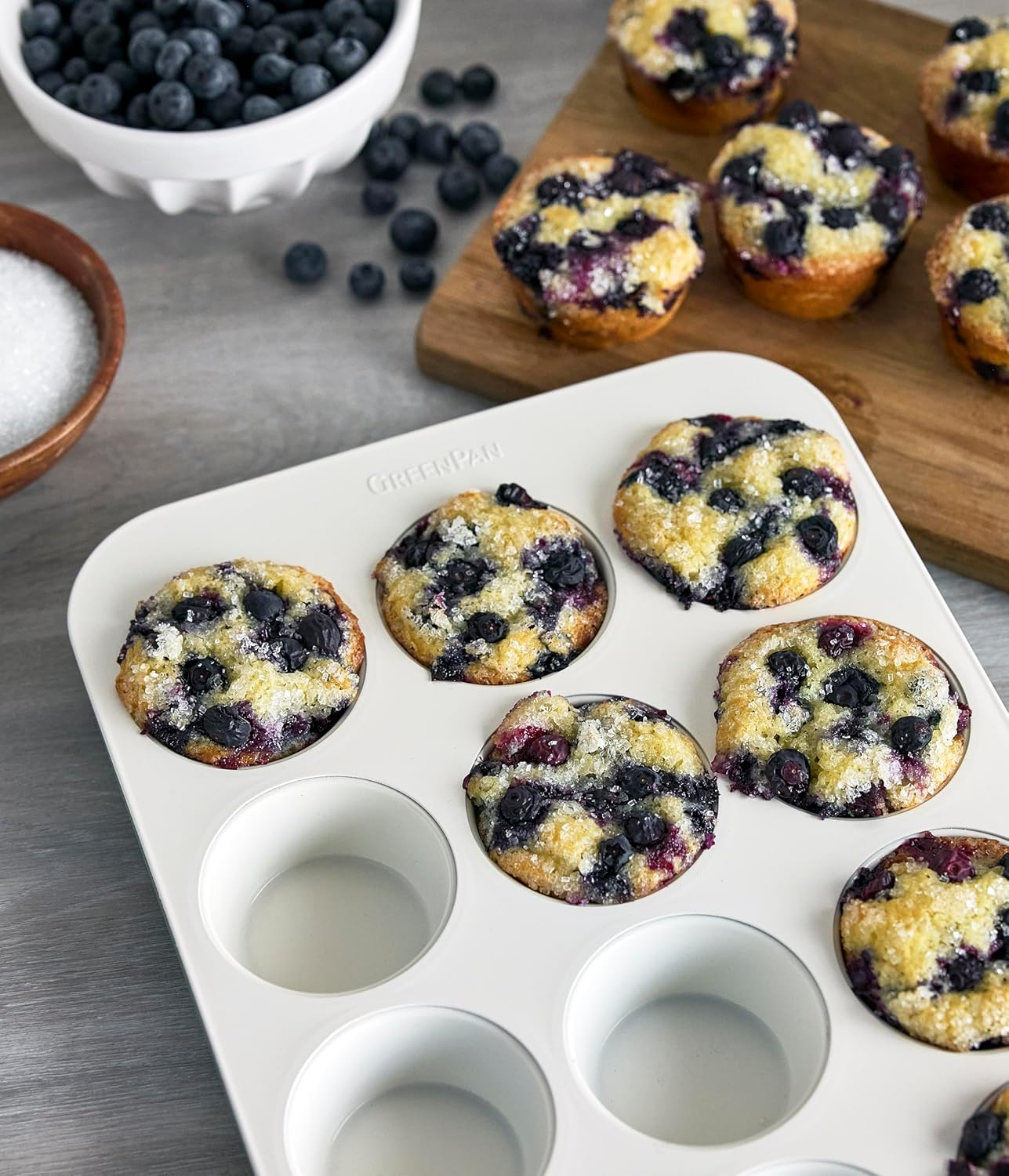 Greenpan Reserve Bakeware 12 Cup Muffin Pan, Ceramic Nonstick Baking Pan, PFAS Free, Gold Handles, Durable Steel, Versatile & Space Saving Ovenware, Freezer to Oven Dish, Sage Green image number 2