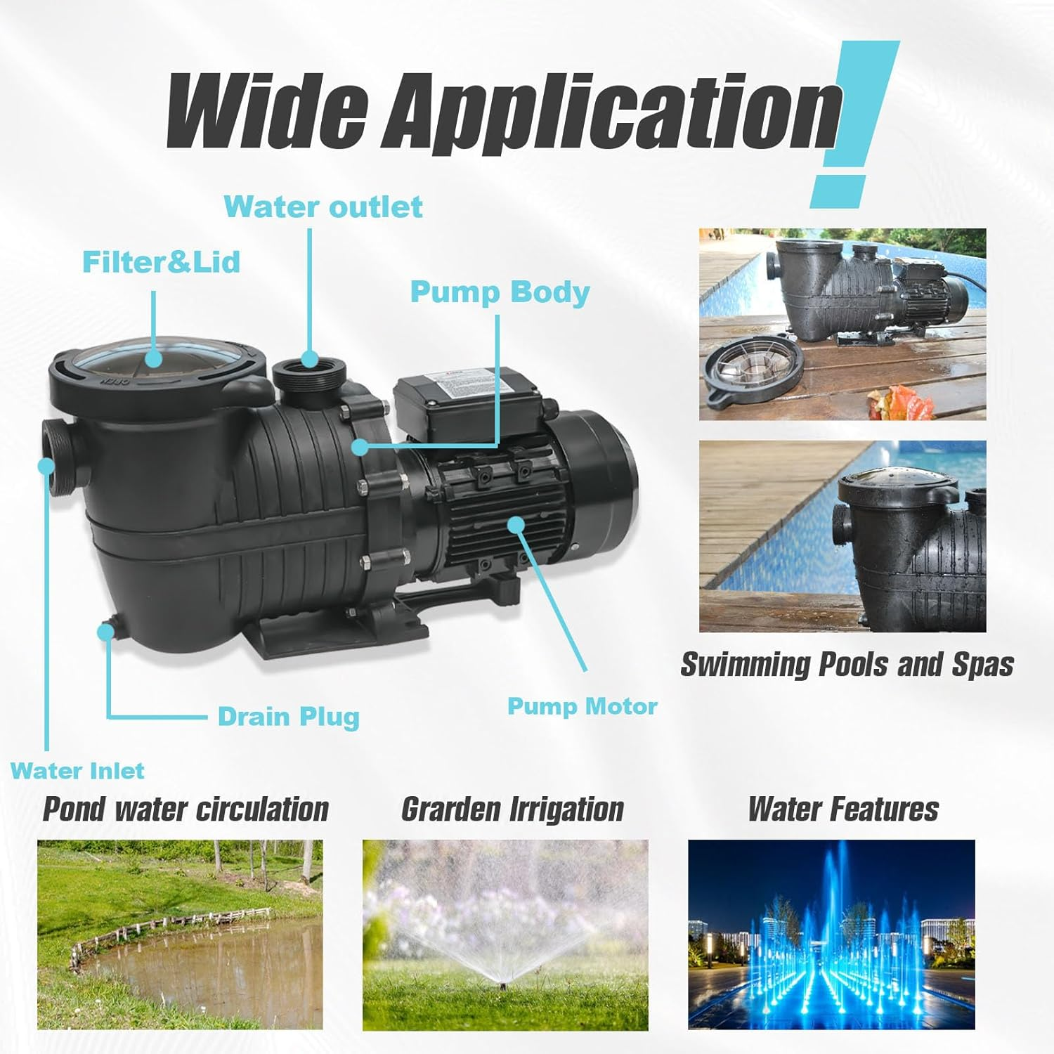 YOUZAQUA Swimming Pool Pumps, 1500W 2.0 HP Inground Pool Pump, 230Vac 370L/M Pool Pump, Also Suitable for above Ground Pools