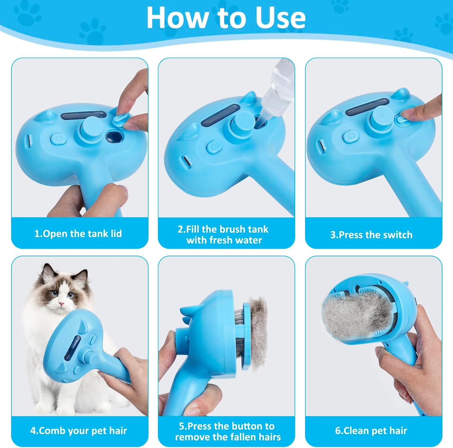 Spray Comb for Cats, Steamy Cat Brush, Cat Brush with Release Button, Cat Brush, Short Hair, Pet Dog Brush, Cat Brush, Multifunctional Cat Spray Massage Comb, Blue image number 6