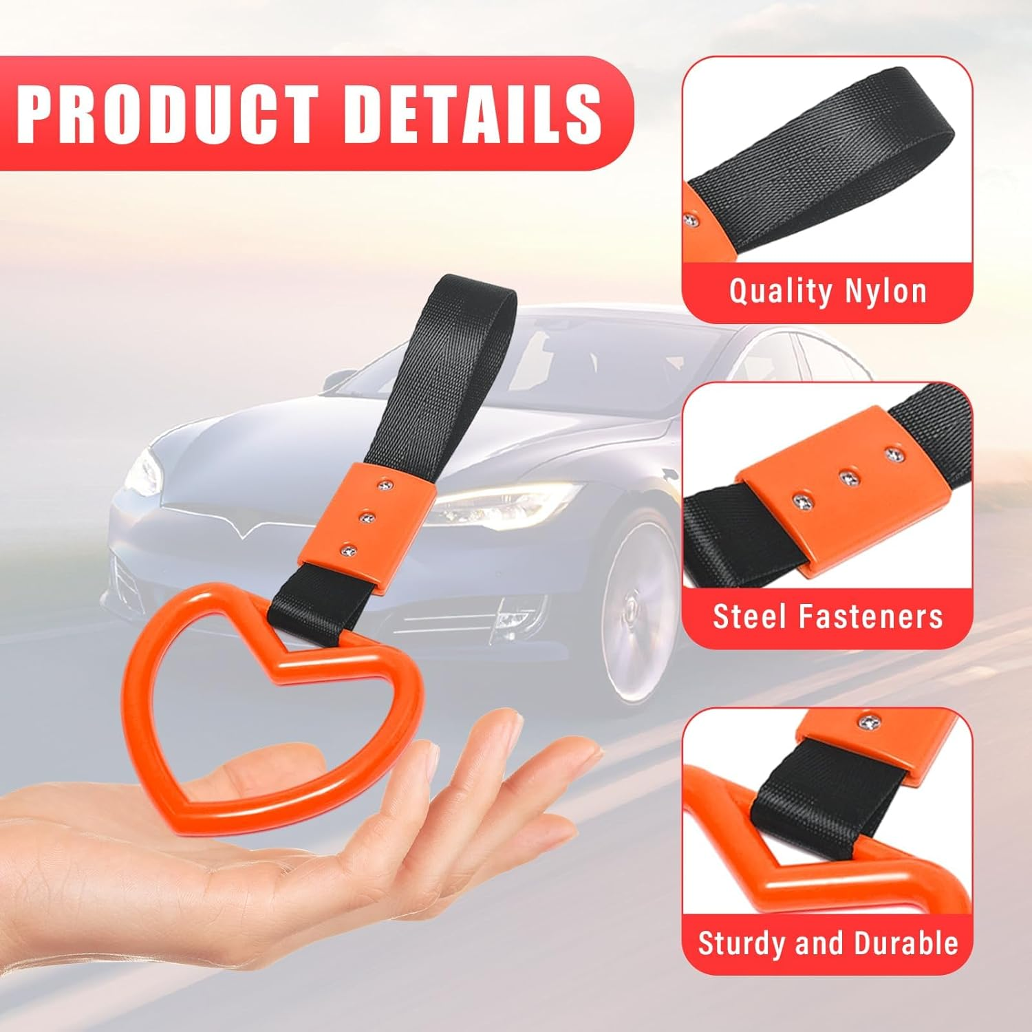 2PCS Ring Heart Shaped Car Hand Straps, Cute Rear Bumper Warning Rings Drift, Warning Loops for Car Interior Decor (Orange & Black) image number 2