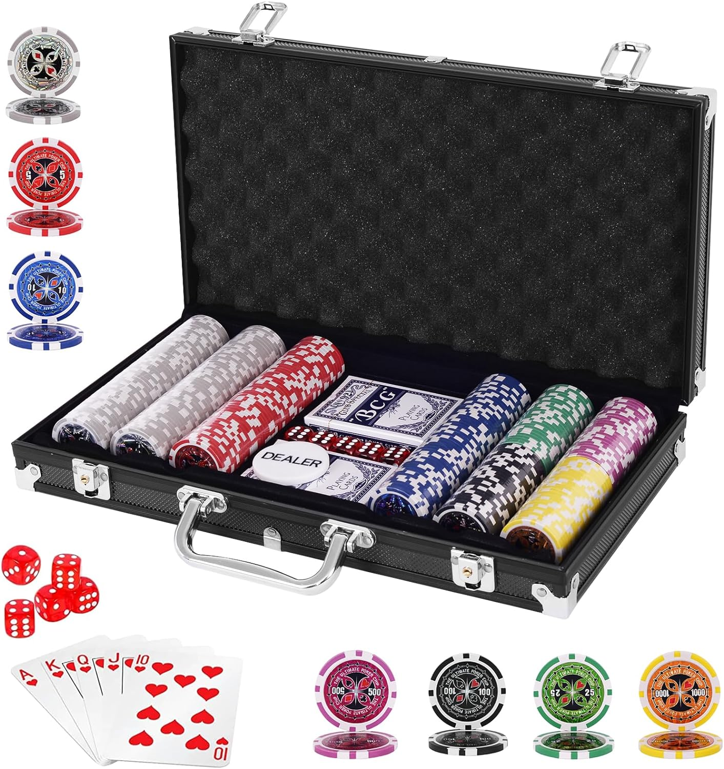 Costway 300 PCS Casino Poker Chip Set, Texas Holdem Poker Chips W/Lockable Aluminum Case, 2 Deck of Cards, 5 Dices, Dealer Button, 1 Table Felt, Professional Complete Poker Chip Set Dice Cards image number 1