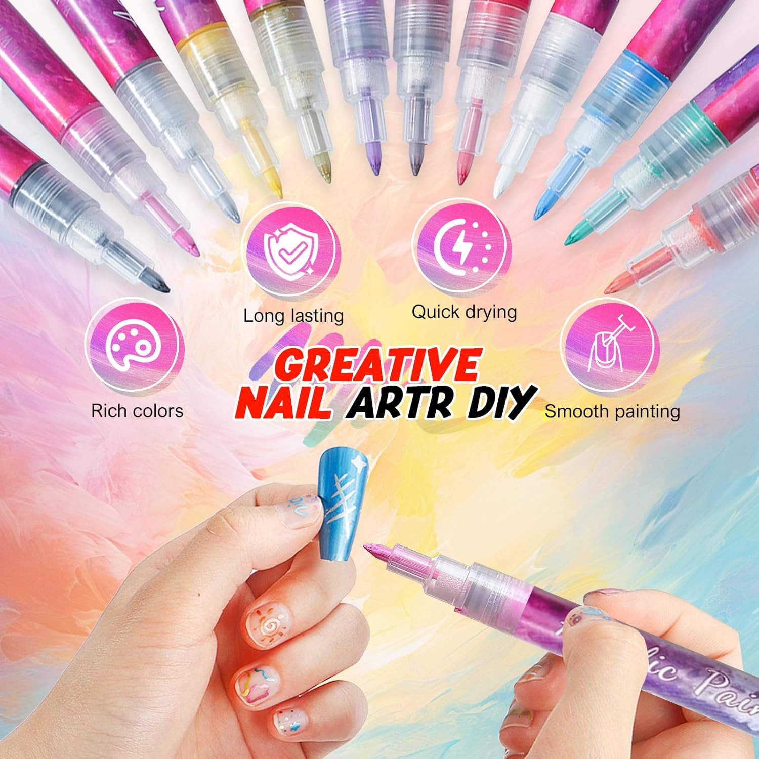 MAGIC ARMOR Nail Art Graffiti Set - 12 Color 3D Pens for Painting, Liner, Manicure Polish Tools - Drawing Brush for DIY Beauty Adorn