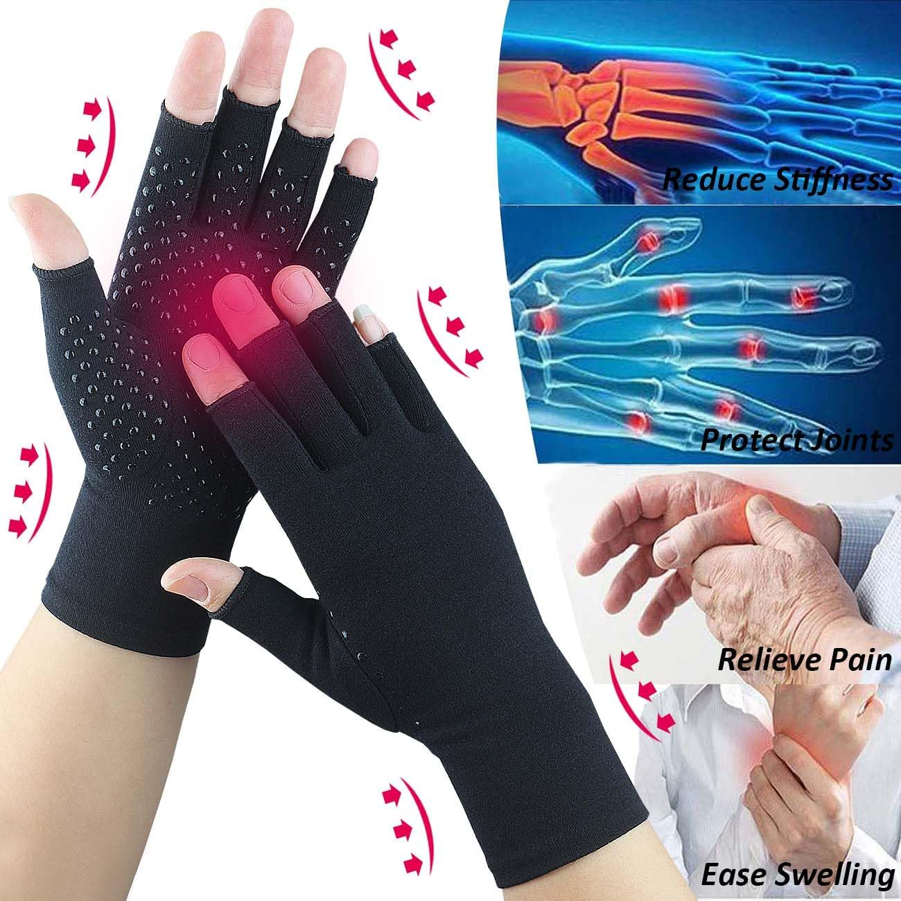 2 Pairs Arthritis Gloves for Women Men, Fingerless Compression Gloves for Hand Pain, Carpal Tunnel, Non Slip Dots image number 2