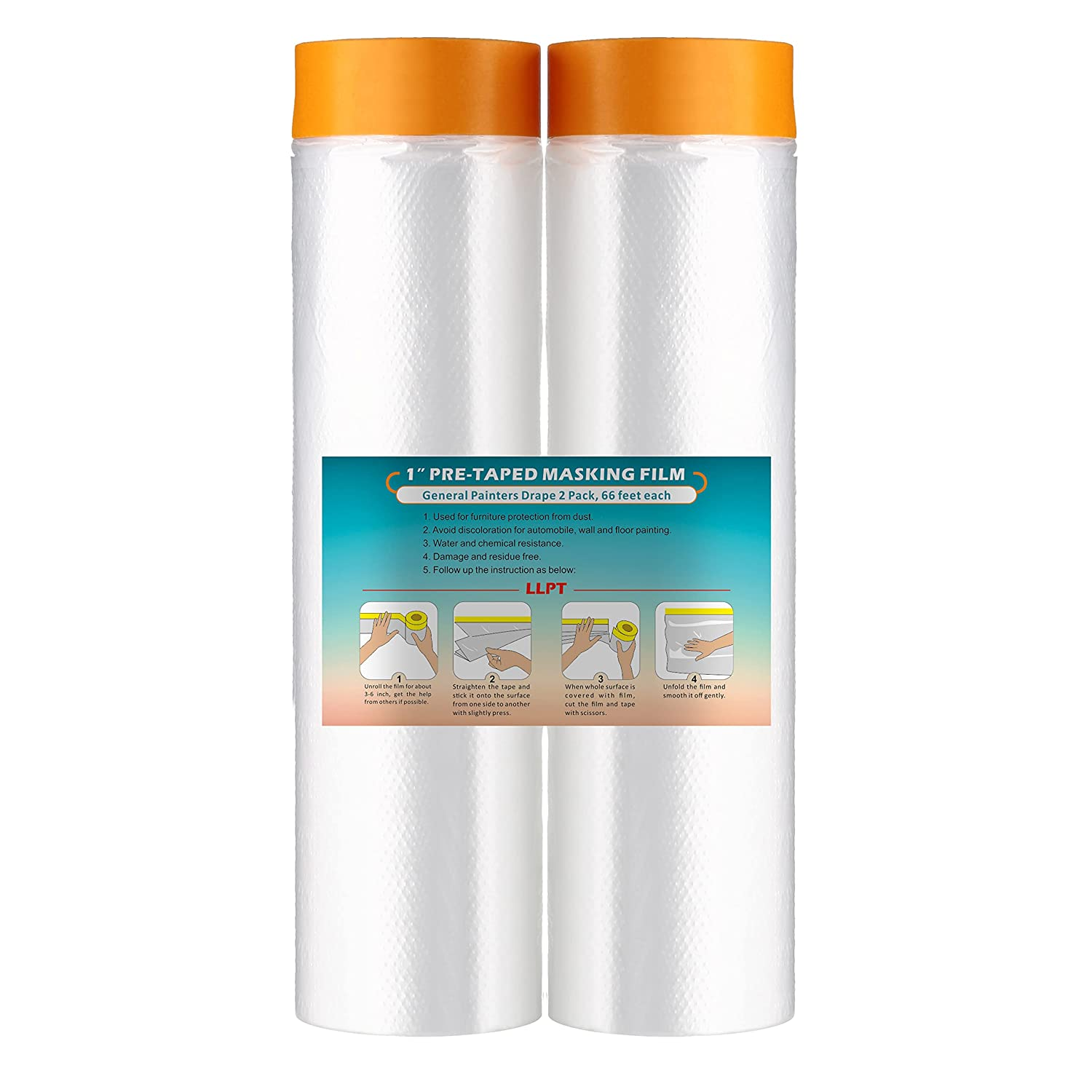 LLPT Tape and Drape Pre-Taped Masking Film 106.3&rdquo;(Unfolded) X 66 Ft Each 2 Pack General Painters Plastic Drop Cloth for Auto Wall Furniture Painting Spraying from Dust Contamination (MFT2702) image number 1