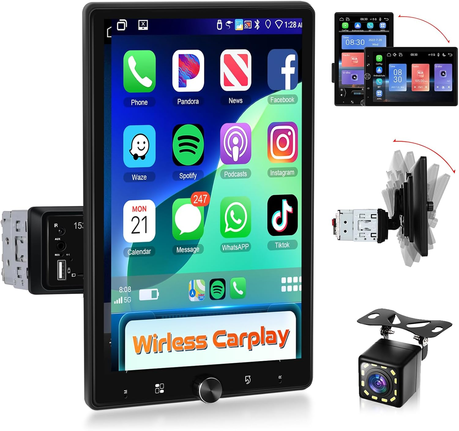 10.4 Inch Single Din Radio Car Stereo with Wireless Carplay Android Auto,Rotatable Touch Screen Head Unit with Bluetooth/16-Band EQ Audio/Mirror Link/Swc/Fm/Usb/Tf Backup Camera image number 6