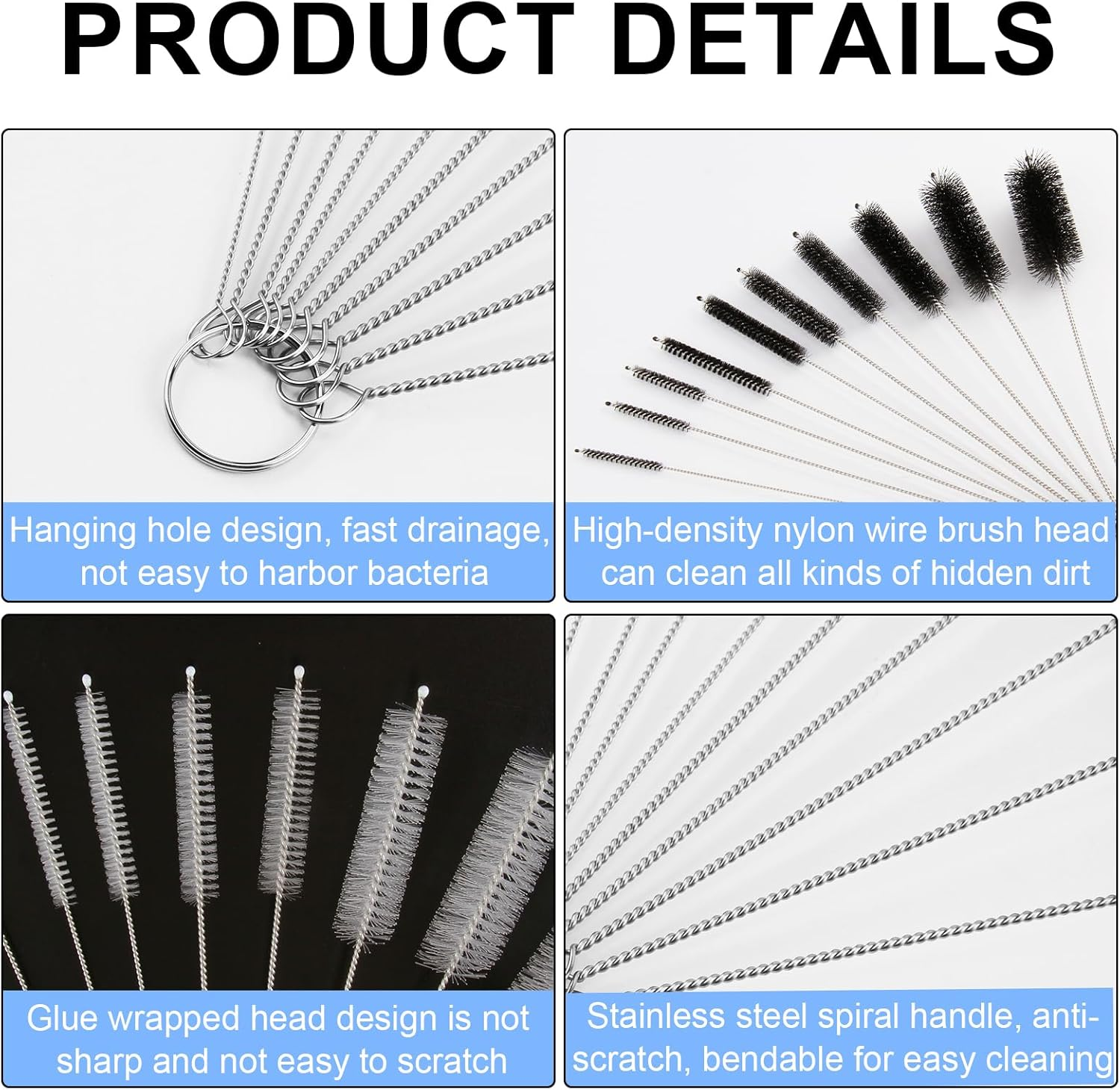 2 Pcs Small Pipe Cleaning Brushes - Black and White Premium Reusable Eco-Friendly Straw Cleaning Set, Ten Different Sizes of Brushes Suitable for Narrow Bottles, Glass Tubes and Hard-To-Reach Places