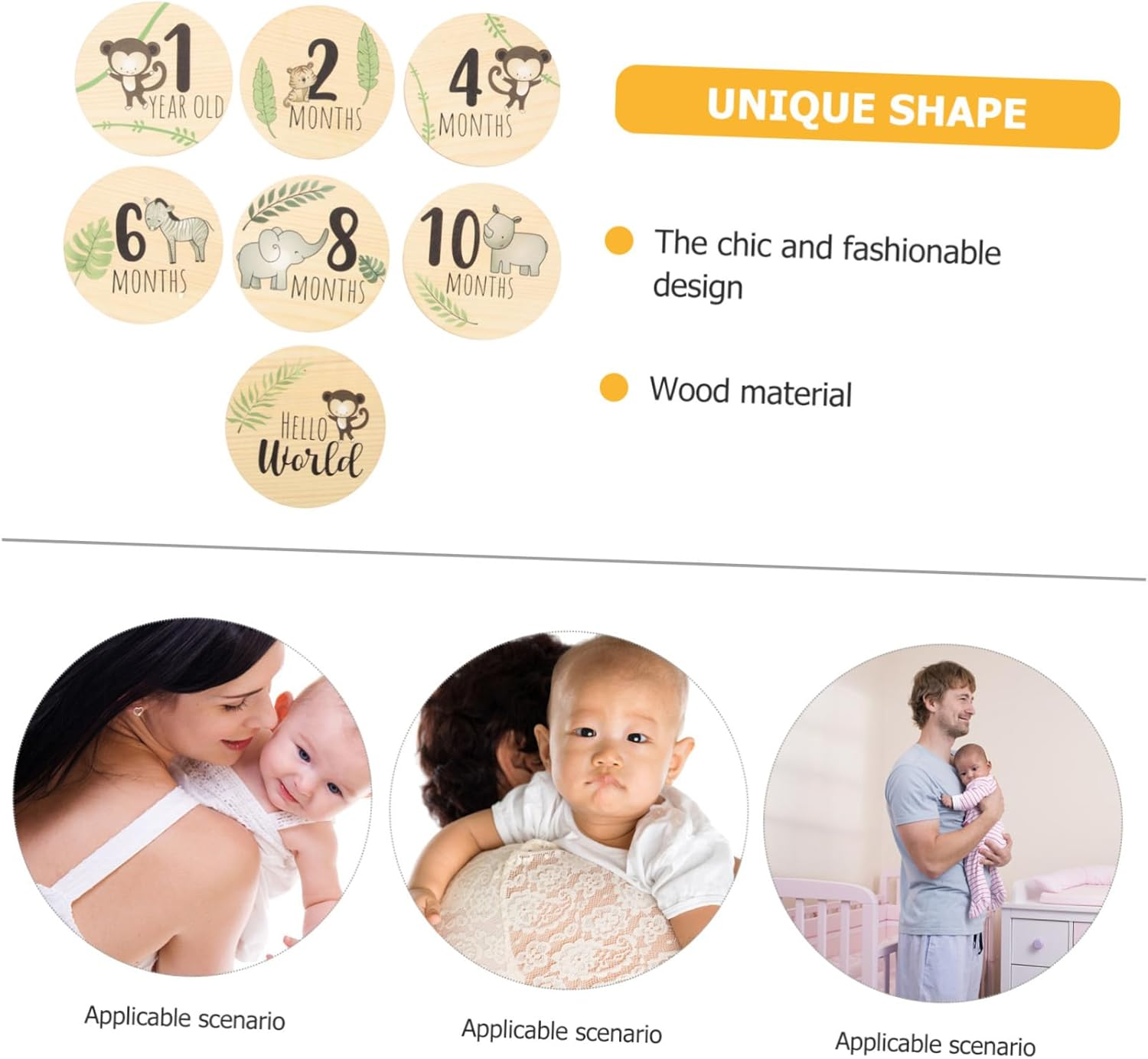 Toddmomy 7Pcs Wooden Milestone Cards Monthly Milestone Discs for Newborn Photography Creative Announcement Signs Safe and Smooth Design for Unique Growth Moments image number 5