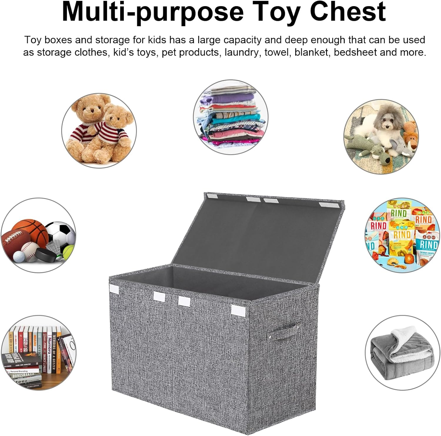VERONLY Large Toy Box Chest Storage with Lid - Collapsible Kids Toys Boxes Organizer Bins Baskets with Handles for Boys, Girls,Nursery,Playroom,Clothes,Blanket,Bedroom (Gray) image number 4