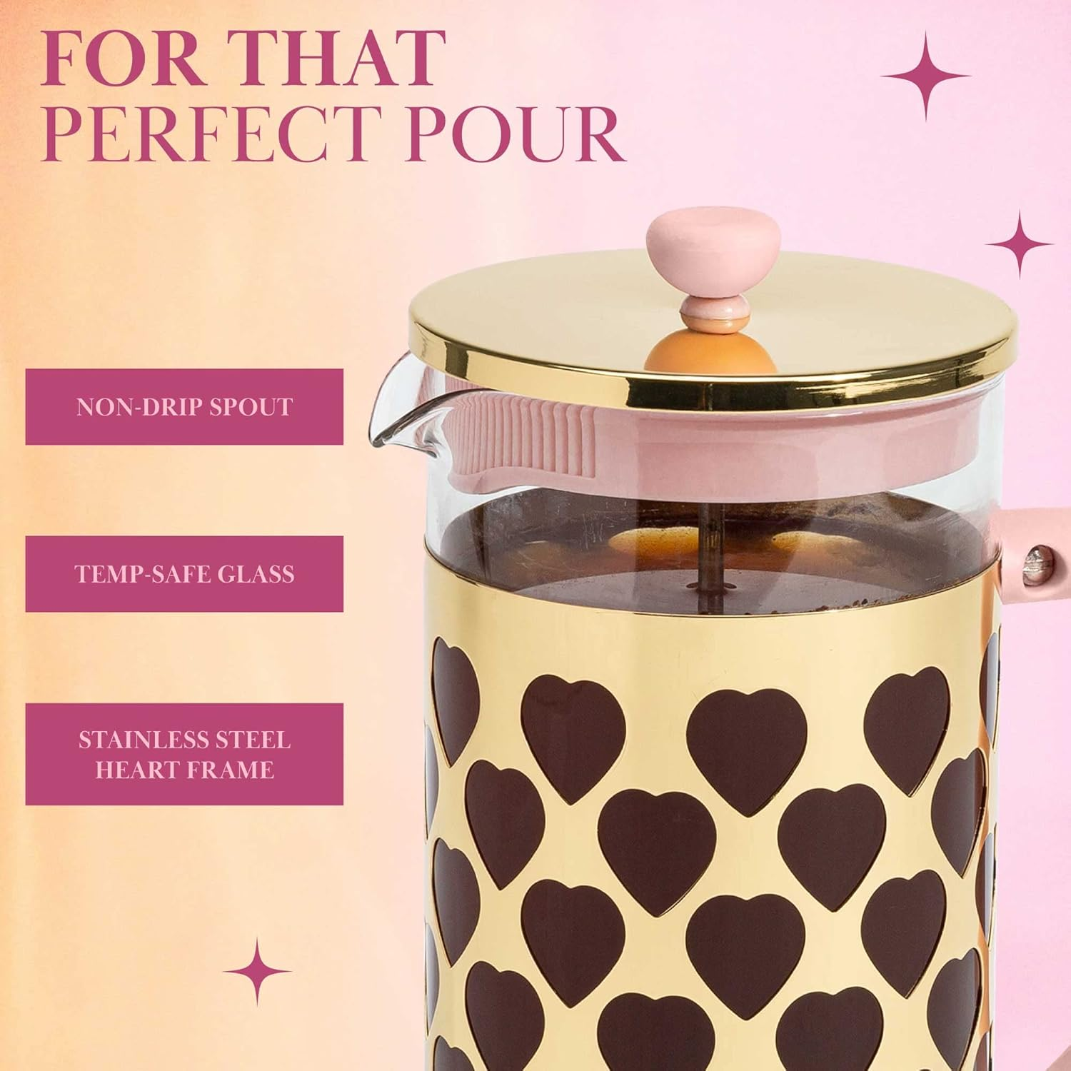 Paris Hilton French Press Coffee Maker with Heart Shaped Measuring Scoop, 2-Piece Set, 8-Cup or 34-Ounce, Pink image number 5