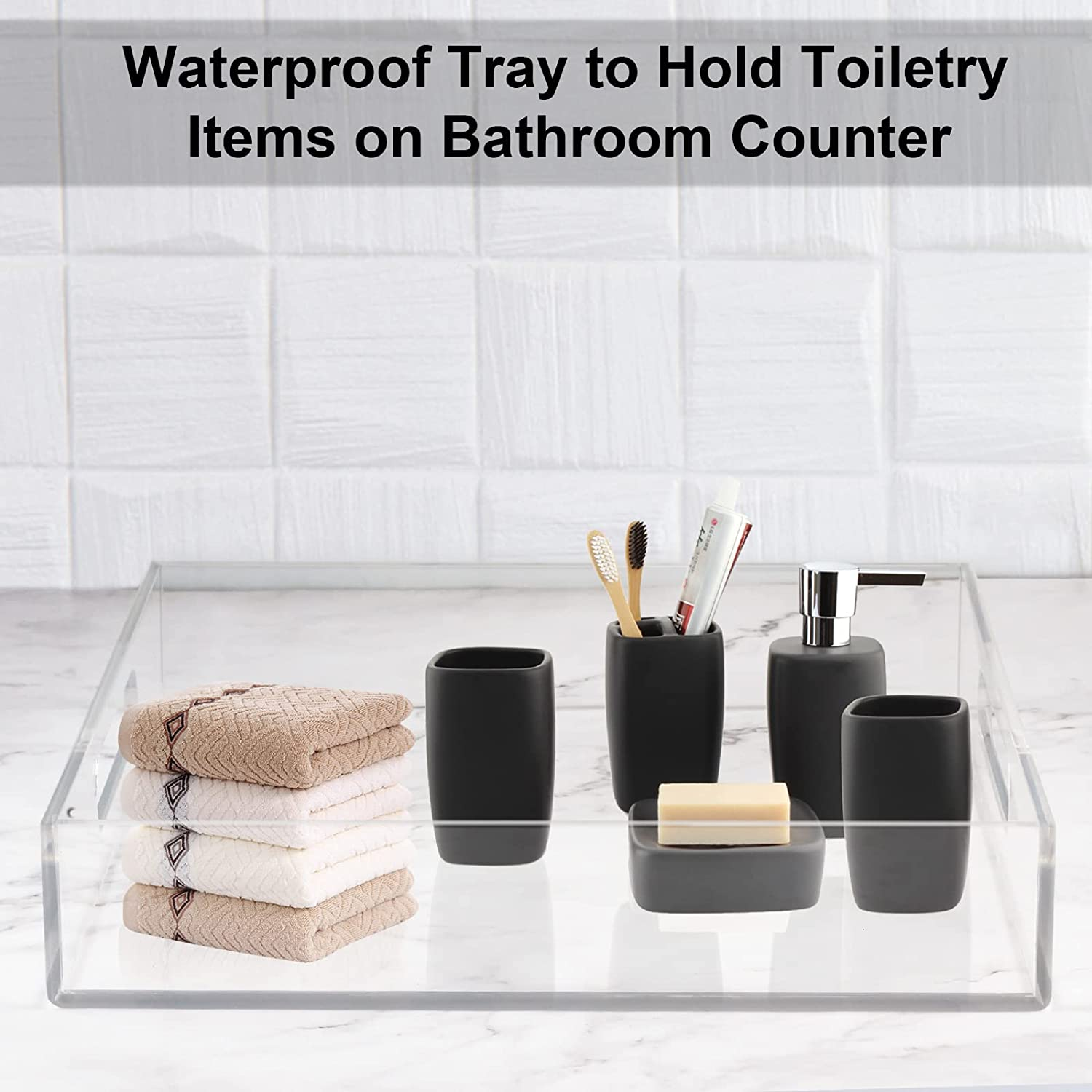 Boxalls Acrylic Serving Tray 12X12 Inch, Clear Rectangular Tray with Handle, Decorative Ottoman Tray Organizer for Appetizer, Breakfast, Coffee Table, Countertop, Bathroom image number 3