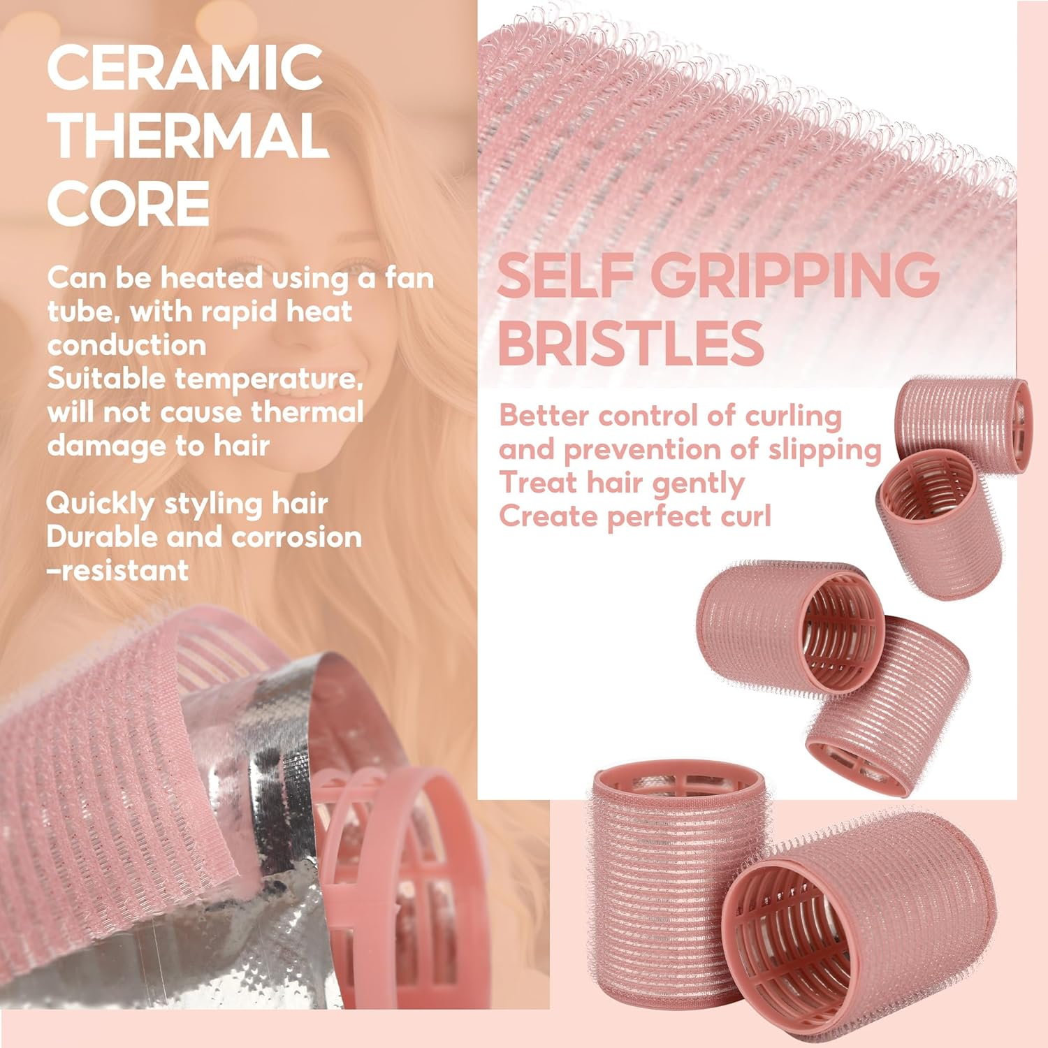 18 Pcs Thermal Hair Rollers,Ceramic Thermal Hair Rollers Curlers for Blowout Look Long Hair Volume,Jumbo Self Grip Rollers Hair Curlers for Long Short for Women(Pink) image number 3