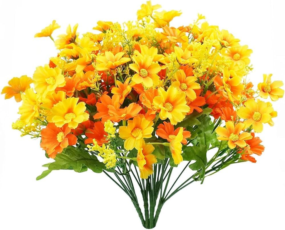 Artificial Fake Flowers, 6 Bundles Daisy Mums Flowers Outdoor UV Resistant No Fade Greenery Shrubs Plants Indoor outside Hanging Planter Home Wedding DIY Garden Porch D&eacute;cor (Orange Yellow, 30Cm) image number 5
