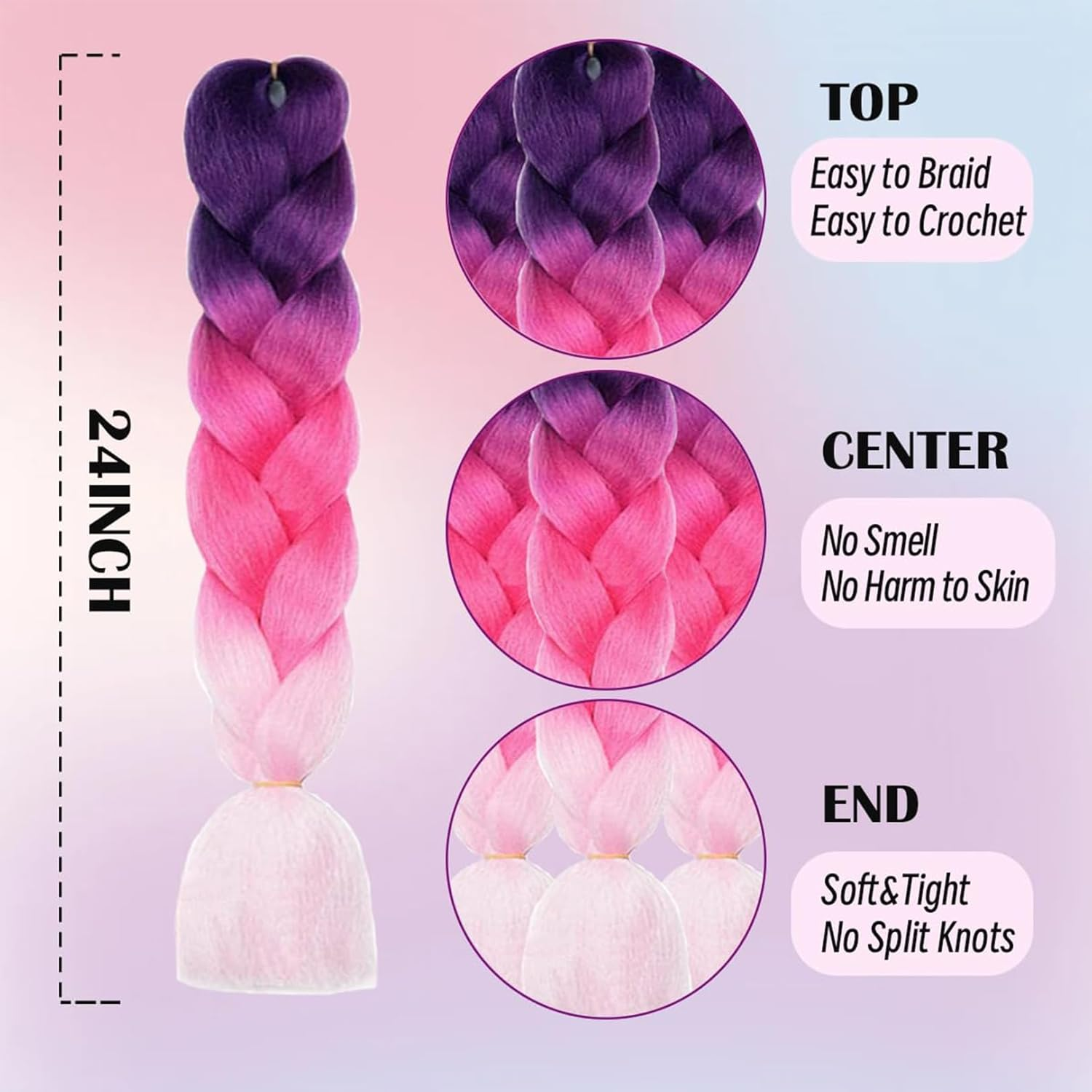 Jumbo Braiding Hair Extensions,24Inch/60Cm 3 Packs High Temperature Fiber Crochet Twist Braids Crochet Braiding Hair Purple/Rose Red/Pink(C6) - A2 image number 6