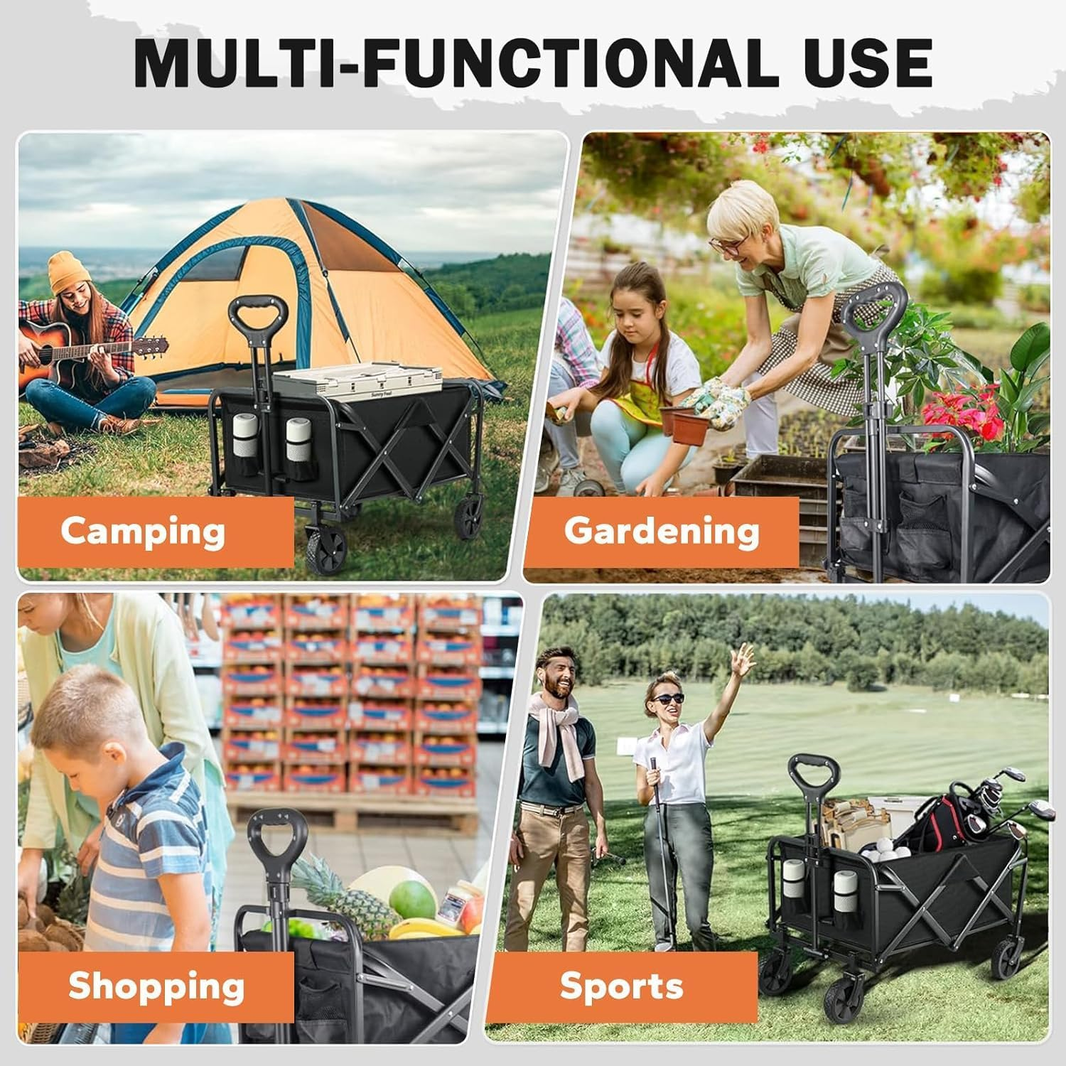 Fohouse Collapsible Folding Wagon, Portable Large Wagon Cart, Large Capacity Heavy Duty Wagon Cart with Wheels, Utility Grocery Wagon with Side Pocket and Brakes for Camping Garden Sports