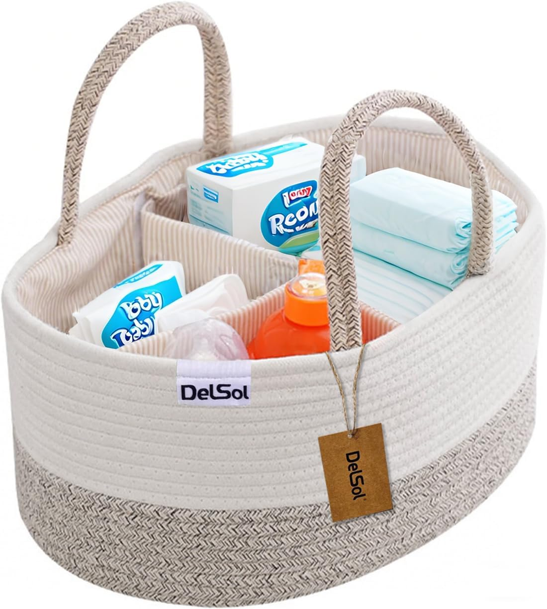 Delsol Cotton Rope Diaper Caddy Organizer, Large Nursery Baby Basket, Changing Table Organizer for Baby Diaper Storage, Portable Car Organizer with Removable Divider, Baby Shower