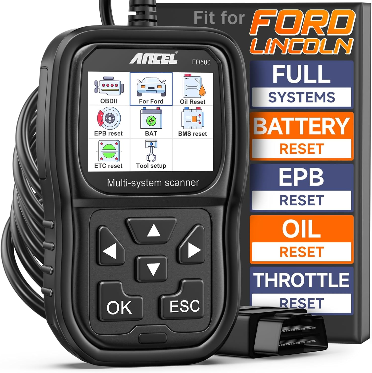 Ancel FD500 OBD2 Scanner Fits for Ford Lincoln Mercury - All Systems Code Reader with Engine, ABS, SRS, Transmission, 4WD Diagnostics - Scan Tool with EPB, Throttle, Oil Reset, Battery Registration image number 6