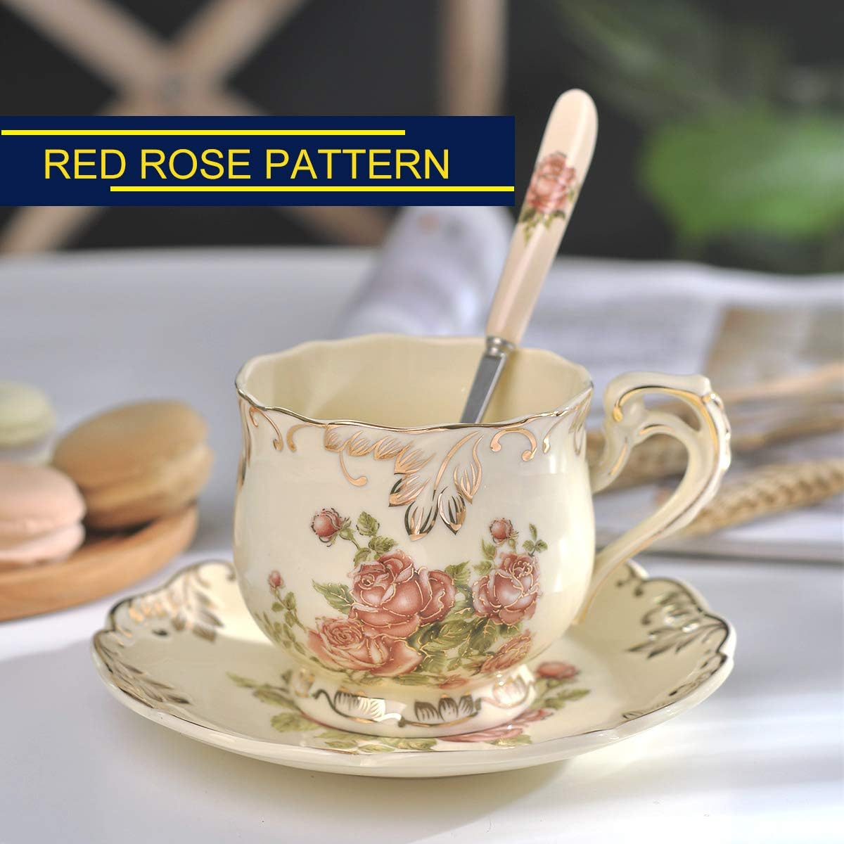 YOLIFE Red Rose Pattern Ivory Ceramic Cups and Saucers Set,Fancy Coffee Cups Set of 6 with Golden Metal Rack image number 1
