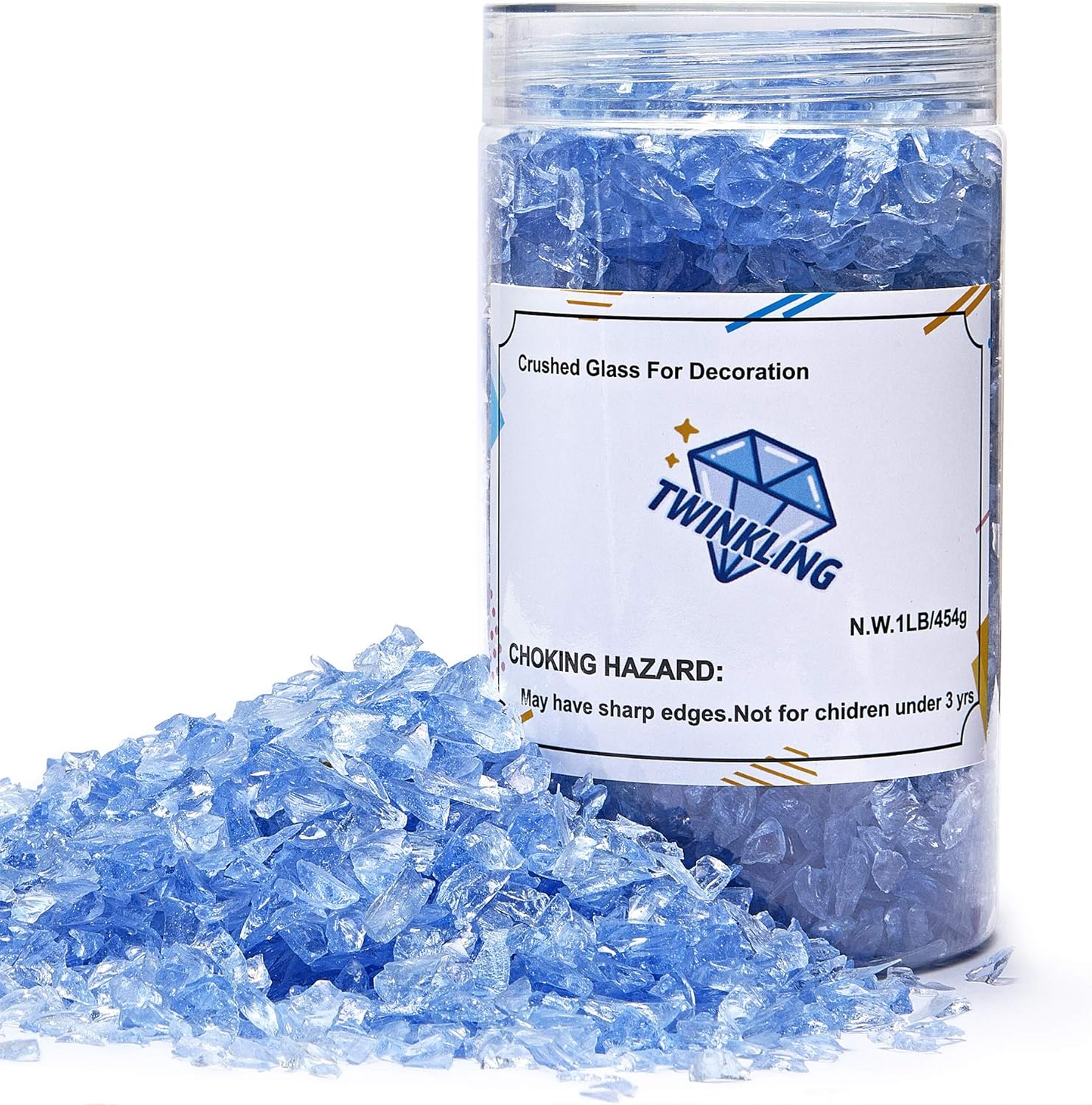 TWINKLING High Luster Fire Glass Gravel Stone Glitter,Broken Glass,Fire Gems Chips,Crushed Glass for Fire Pit Crafts Resin Art Aquarium Garden Decoration,3-6Mm,1-Pound Jar (Crystal/Transparent) - Crystal/Transparent image number 2