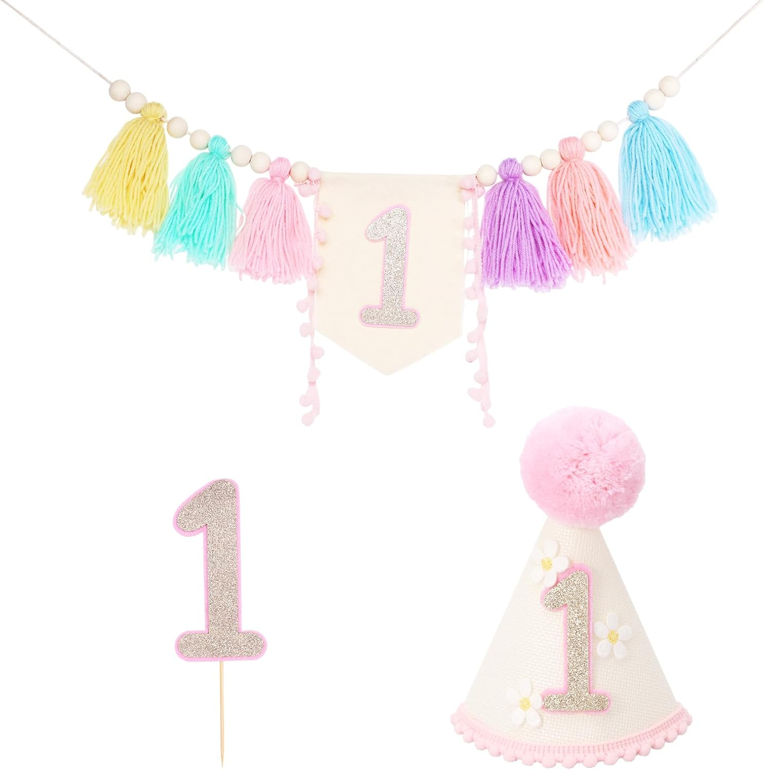 DJAPWPX 3 Pcs Baby First Birthday Party Decorations, Includes High Chair Banner Crown Hat and Cake Topper, Unique 1St Birthday Decorations for Baby Girls and Boys (Blue)