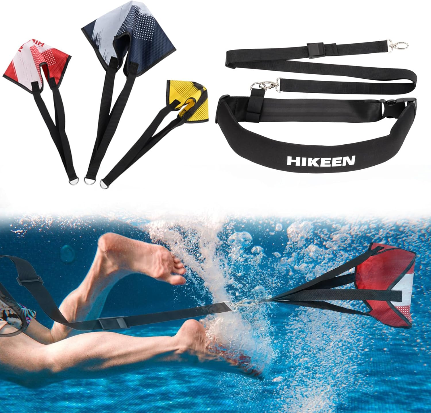 Hikeen Swimming Parachute Resistance Set Training Equipment with 3 Parachute & Adjustable Length Swim Belts for Adults image number 2