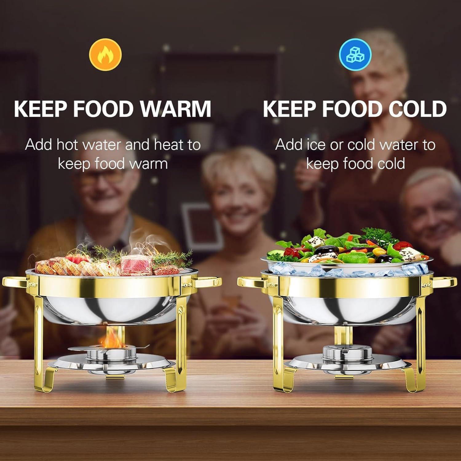 5.5QT Chafing Dishes for Buffet 2 Pack, round Stainless Steel Chafer for Catering, Upgraded Chafers and Buffet Warmer Sets with Food & Water Pan, Gold Frame, Fuel Holder for Any Events