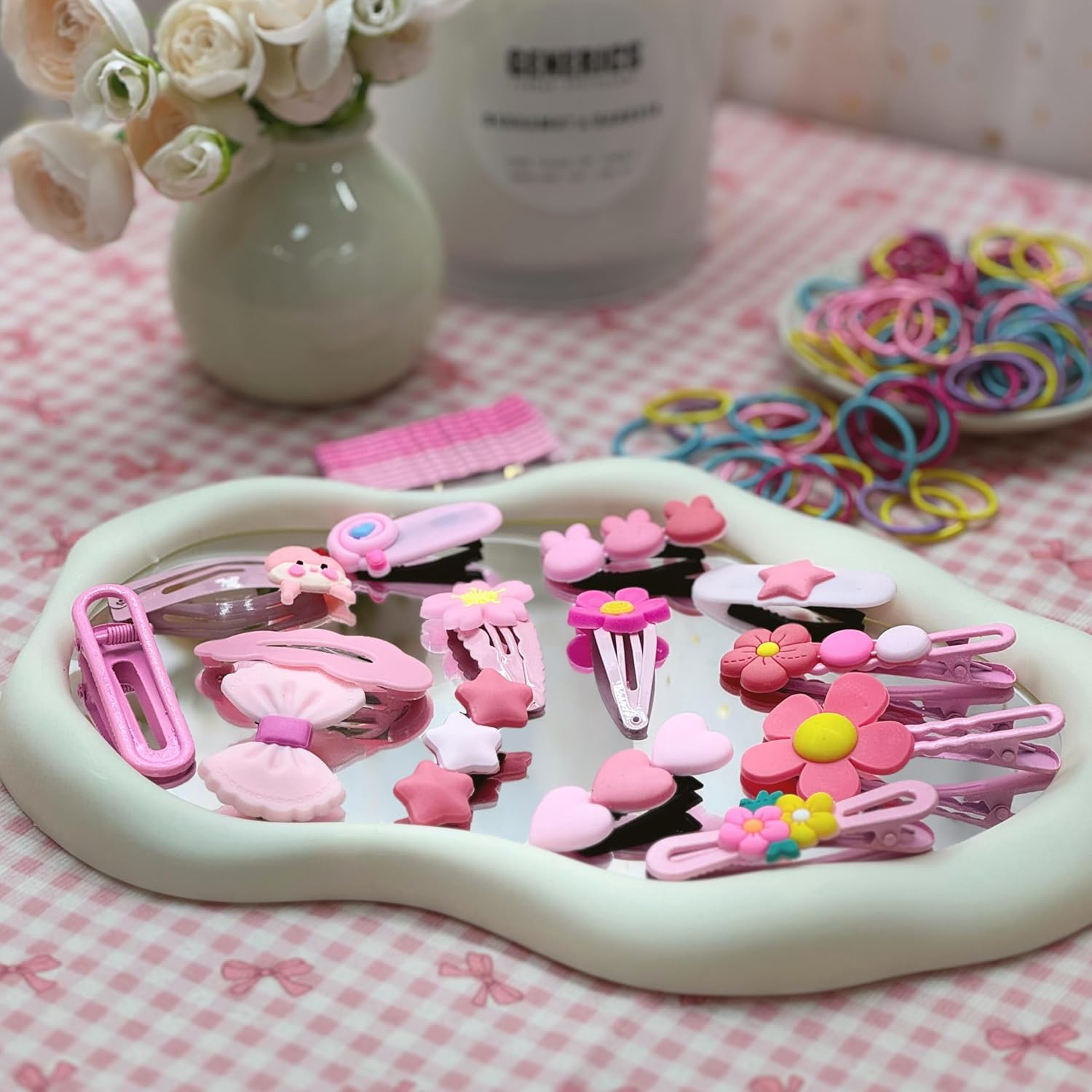 124-Piece Kids Hair Accessories Set, 14 Pcs Decorative Hair Clips with Hearts Stars Flowers Bows, 100 Hair Ties, 10 Bobby Pins (Pink) - Purple image number 4