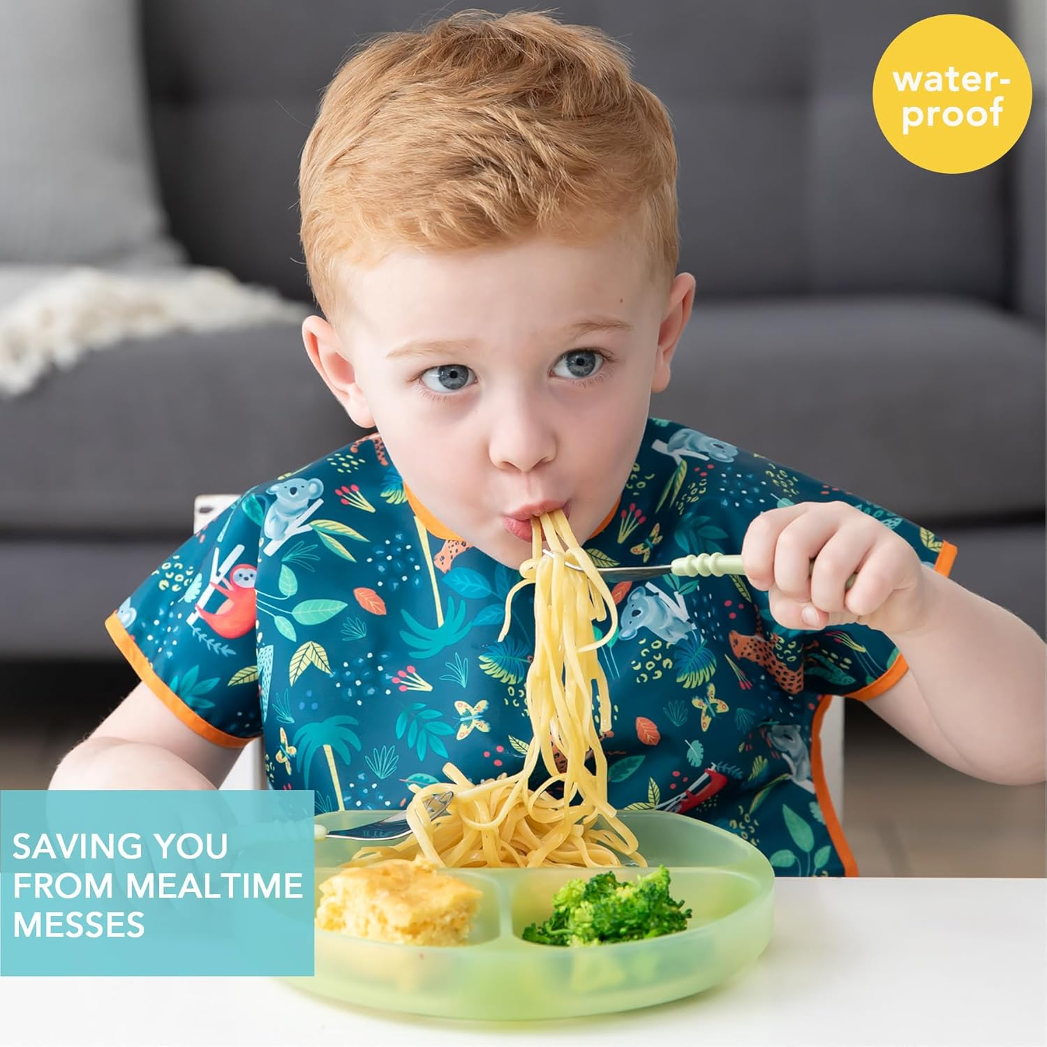 Bumkins Junior Bib, Short Sleeve Toddler Bib, Smock for Kids 1-3 Years, Waterproof Fabric &ndash; Jungle, 15X16 Inch (Pack of 1)