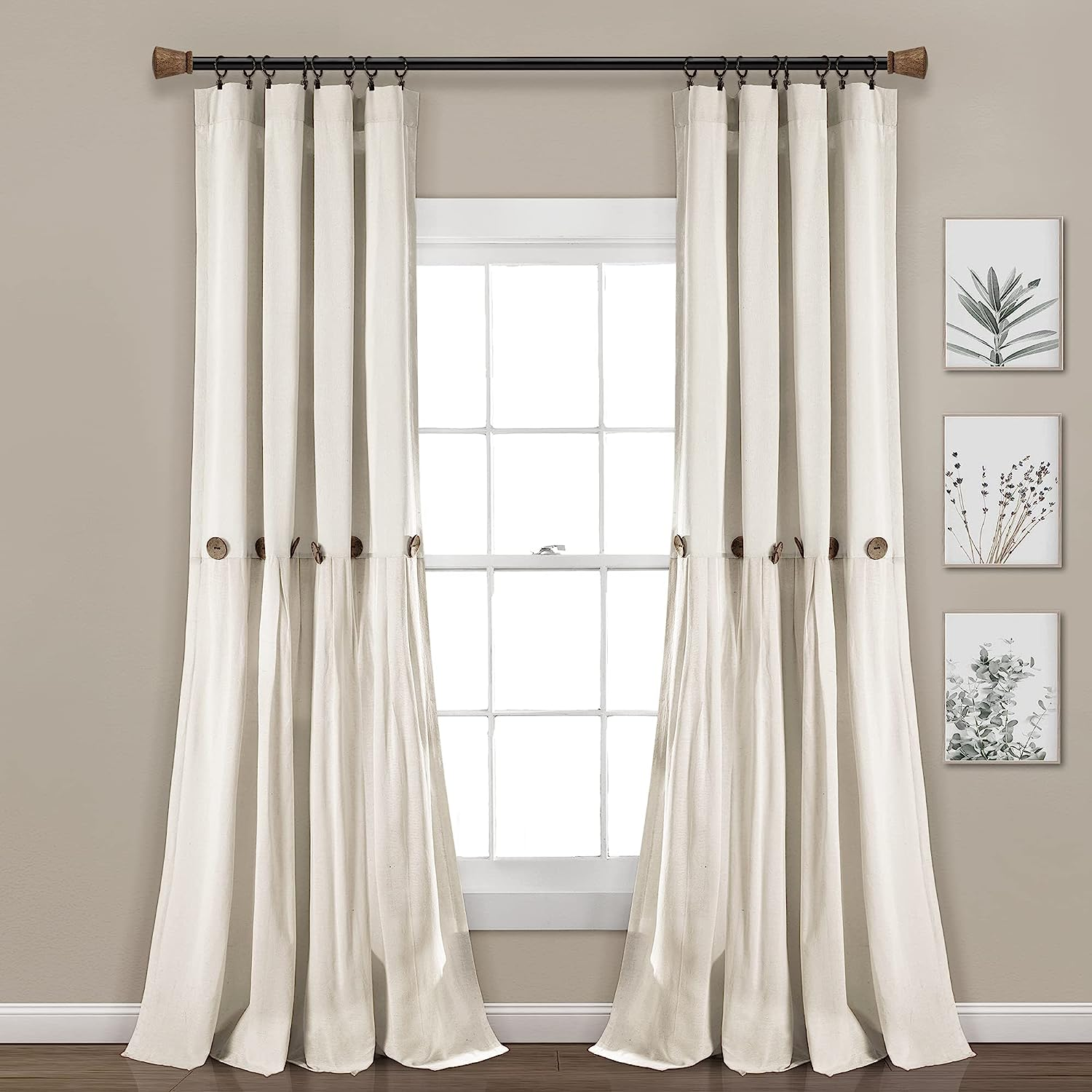 Lush Decor Linen Button Window Curtain Panel, Single, 40" W X 95" L, Dark Gray & White - Country Curtains - Rustic Decor - Color Block Modern Farmhouse Curtains for Living Room, Bedroom & Dining Room