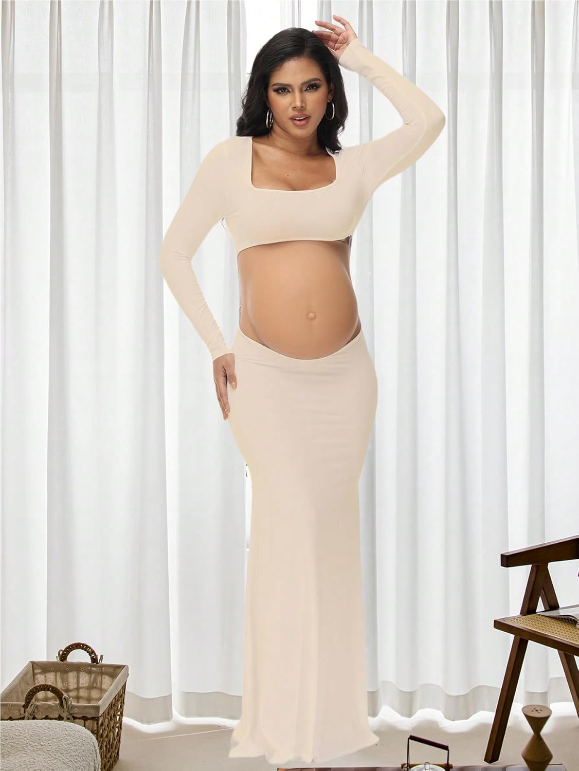 Justvh Maternity Dress for Photoshoot Solid Cut Out Backless Long Sleeve Maxi Photography Pregnancy Dress for Women image number 3