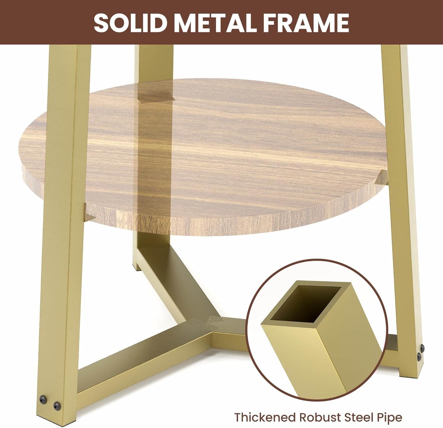 PATIOPIA 2 Tier Side Table, round End Table with Storage Shelf, 19.7" D X 23.6" H Rustic Accent Table for Living Room Small Space,Golden Metal Frame image number 2