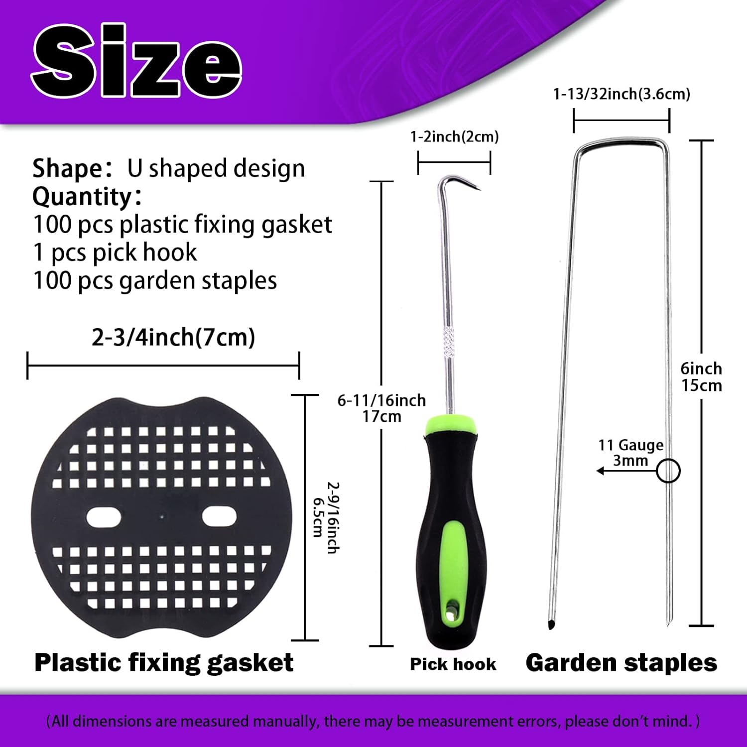 Swpeet 201Pcs U-Shaped Landscape Garden Stakes Staples and Plastic Fixing Gasket with Pick Hook Assortment Kit, Garden Lawn Landscape Staples for Irrigation Hoses, Fixed Fences, Artificial Turf Nails image number 3