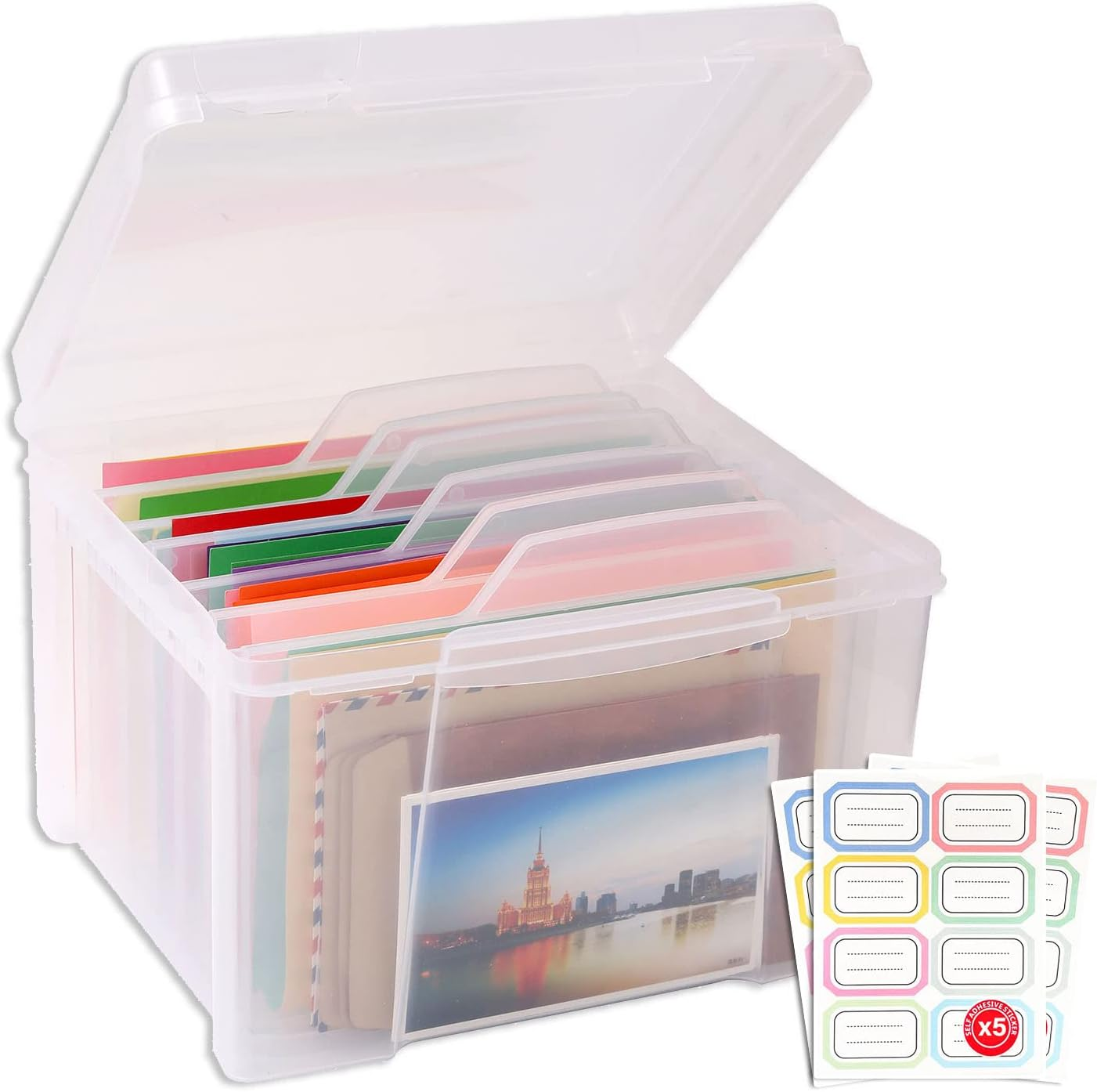 KILONEFE Greeting Card Storage & Organizer Box with 6 Adjustable Dividers for Holiday Birthday Photos, Crafts, Scrapbook, Paper, Stickers, Envelopes and More, Plastic Box of Card (New Version) image number 2