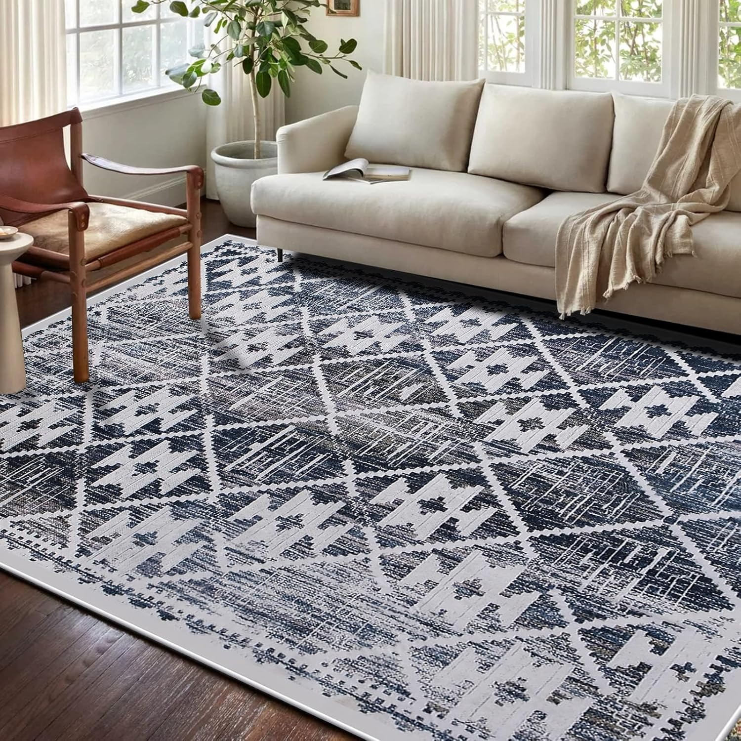 Leesentec Rugs 160X200Cm Modern Non-Slip Soft Area Rugs for Living Room/Bedroom/Dining Room Carpet Floor Mat Home Decorative(Navy Blue/Ivory,5.3X6.6 Feet) image number 3