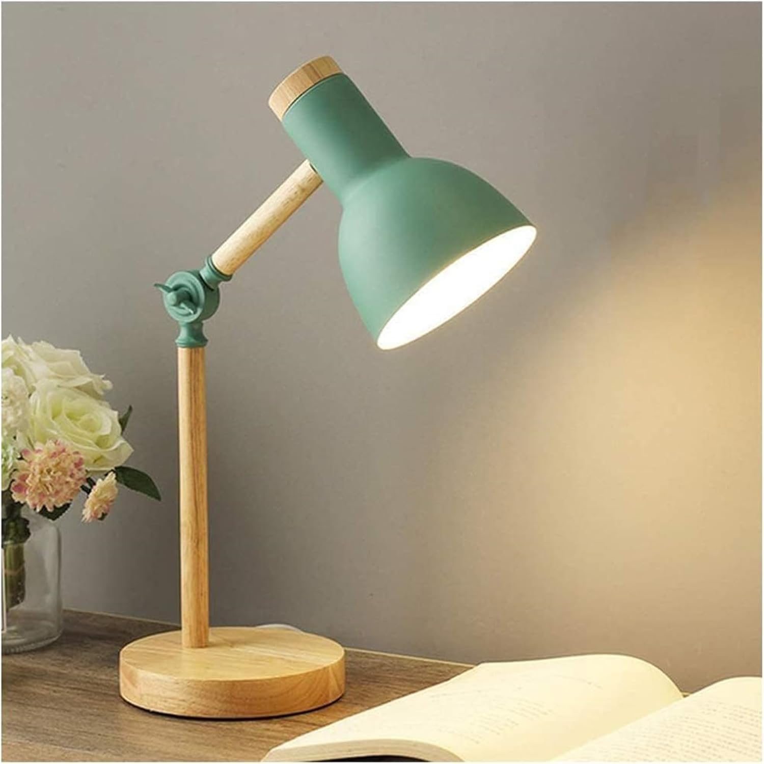 Desk Lamp E27 Wood Adjustable Angle with Metal Shade Table Lamp Modern with 3 Colors Dimmable Switch Bedside Lamps Eye Protection Simple Reading Lamp for Office Study Room Bedroom Living Room (White)