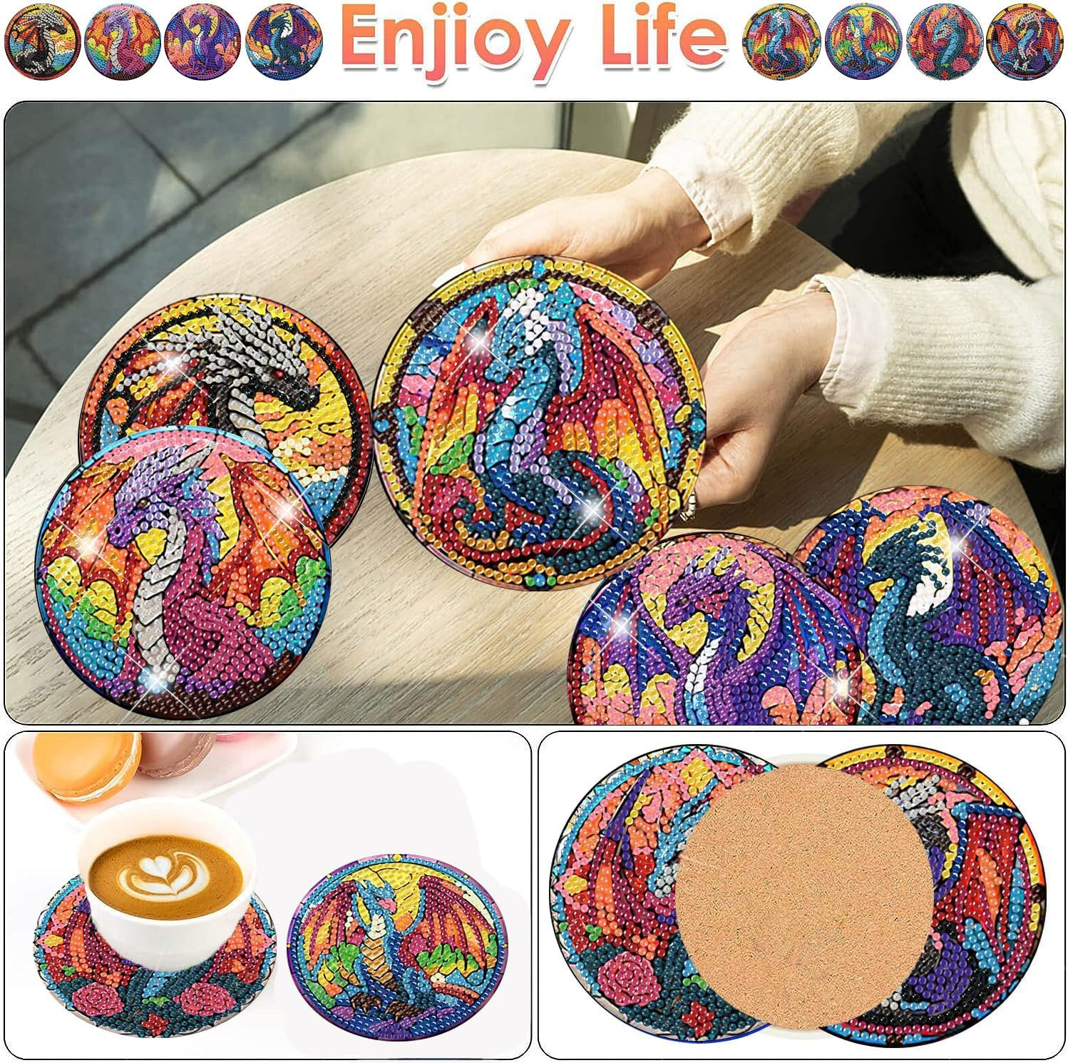 Ijbnhd 8 PCS Dragon DIY Diamond Painting Coasters Set with Holder, 5D Crafts Supplies (Cork Wooden Pad, Multicolored Red Green Gold) image number 2