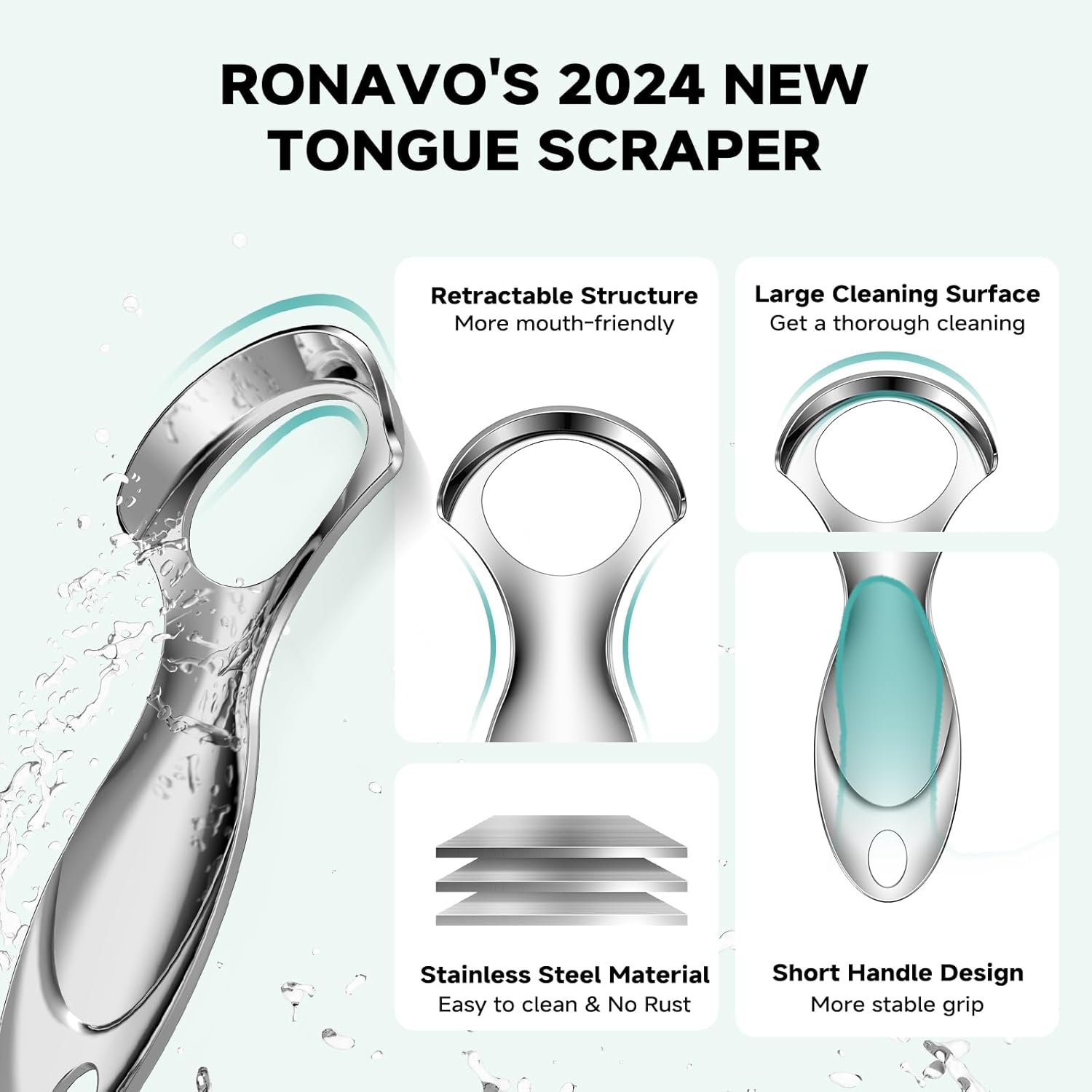 RONAVO Tongue Scraper Tongue Cleaner (2024) Tongue Scraper for Adults Portable Storage Tongue Coating Removal Bad Breath Care Metal Tongue Scraper with Green Carrying Case