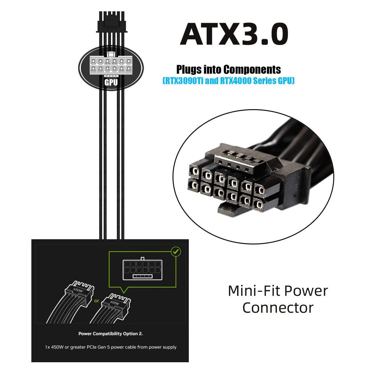 CY ATX3.0 PCI-E 5.0 Power Modular 12VHPWR Cable 16Pin to 16Pin for 3080 3090TI 4080 4090 PSU 12+4Pin Graphics Card - Black Up Angled image number 2