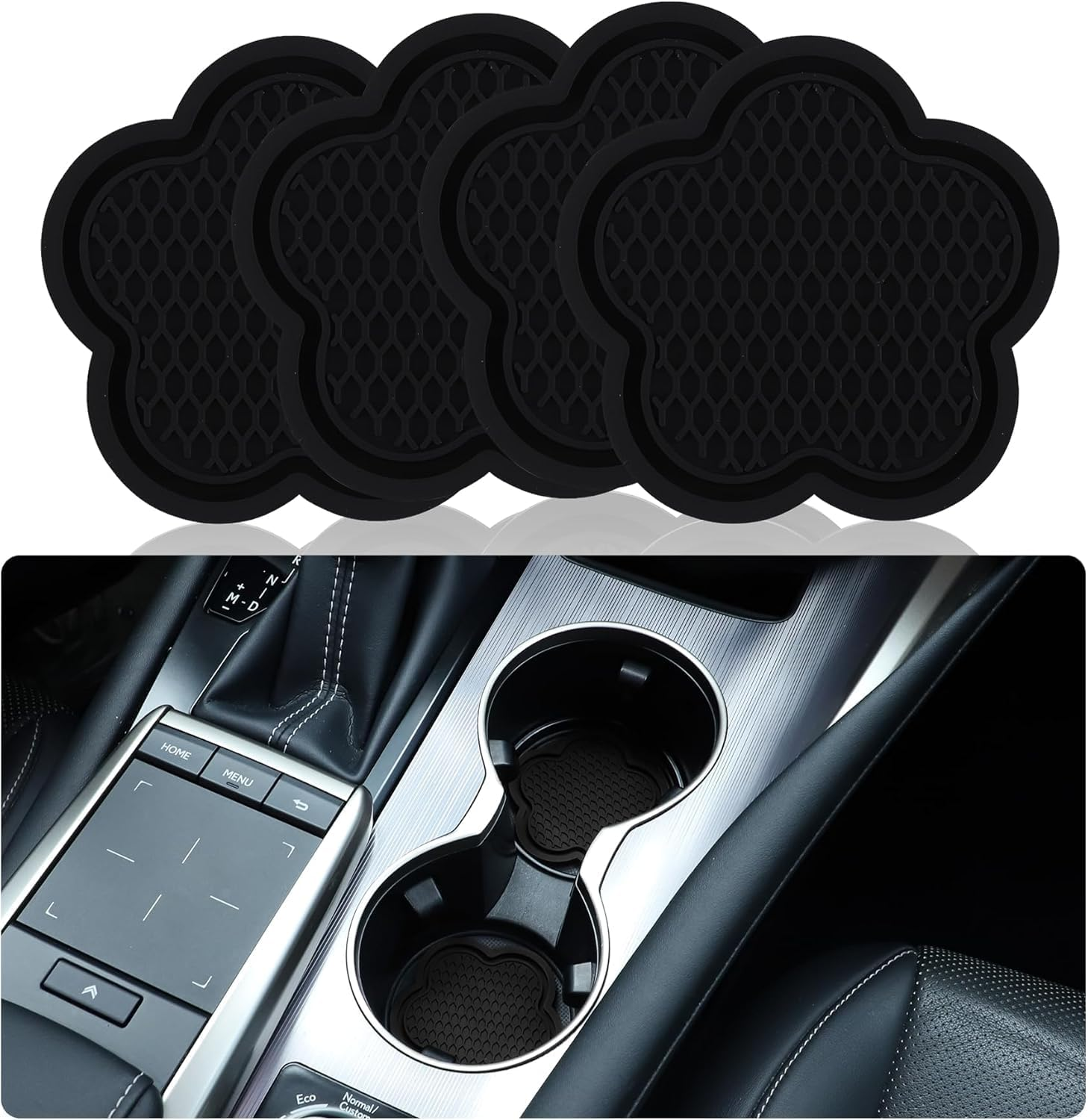 Olitomn Car Cup Coaster, 4Pcs Universal Non-Slip Cup Holder Coaster, PVC Flower Shaped Car Cup Holder Coaster, Crystal Car Accessories Interior 【Black】