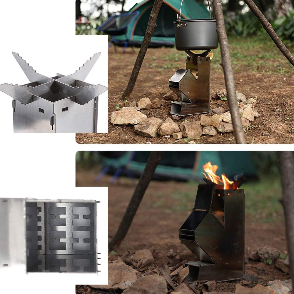 Outdoor Collapsible Wood Burning Stove Detachable Portable Stainless Steel Rocket Stove Camp Tent Stove GTRH
